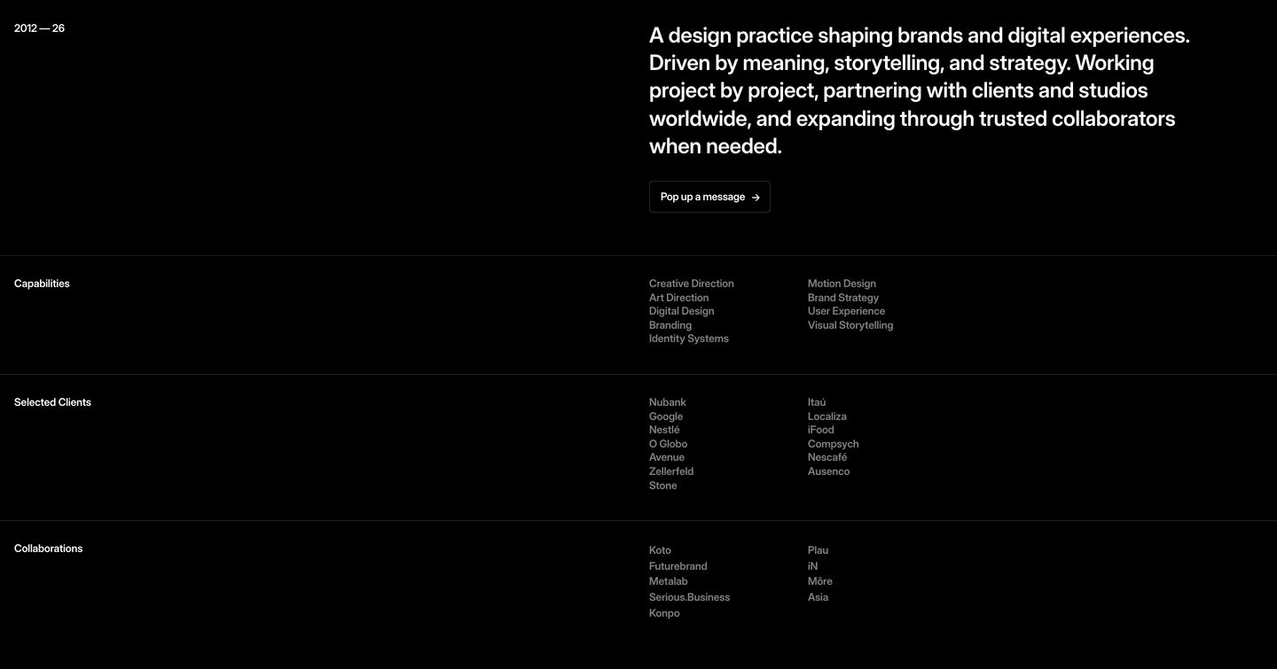 Austere, pitch-black design studio statement pairing precise typographic hierarchy with structured multi-column capability lists.