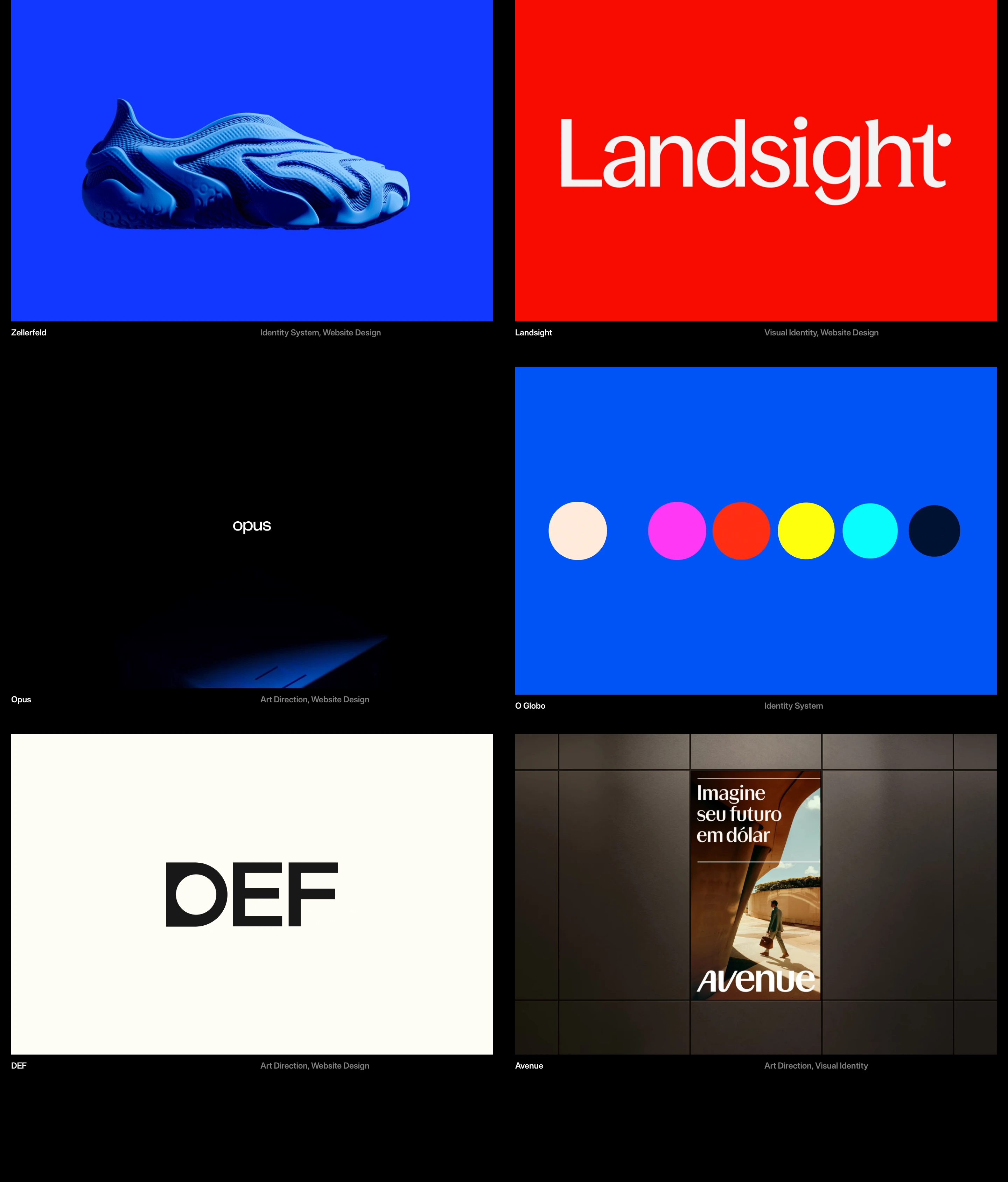 A bold, high-contrast portfolio grid presenting six visual case studies with hyper-minimal captions on a pitch black canvas.