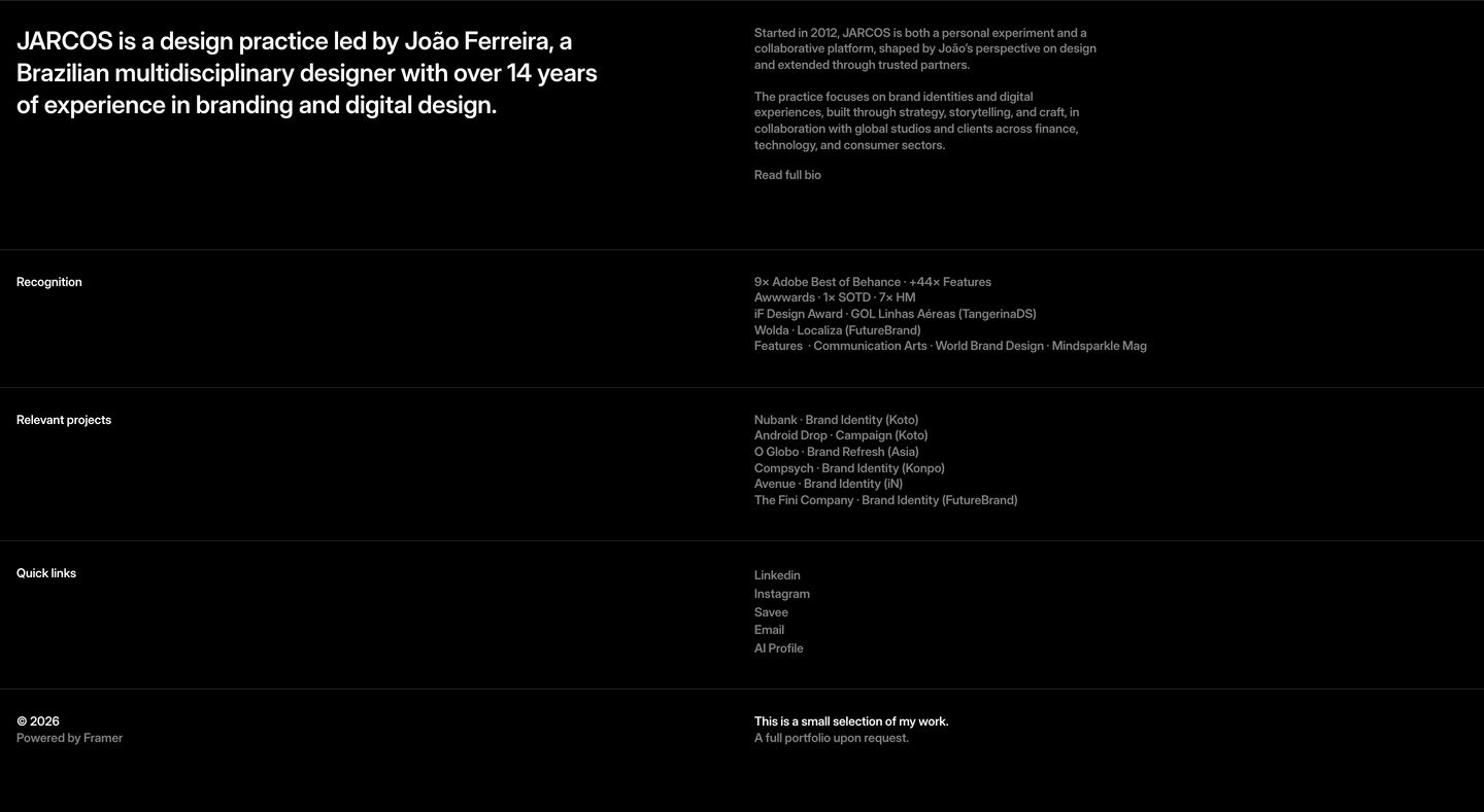 Quiet, starkly minimal dark index and bio section structured with fine horizontal rules and rigorous typography.