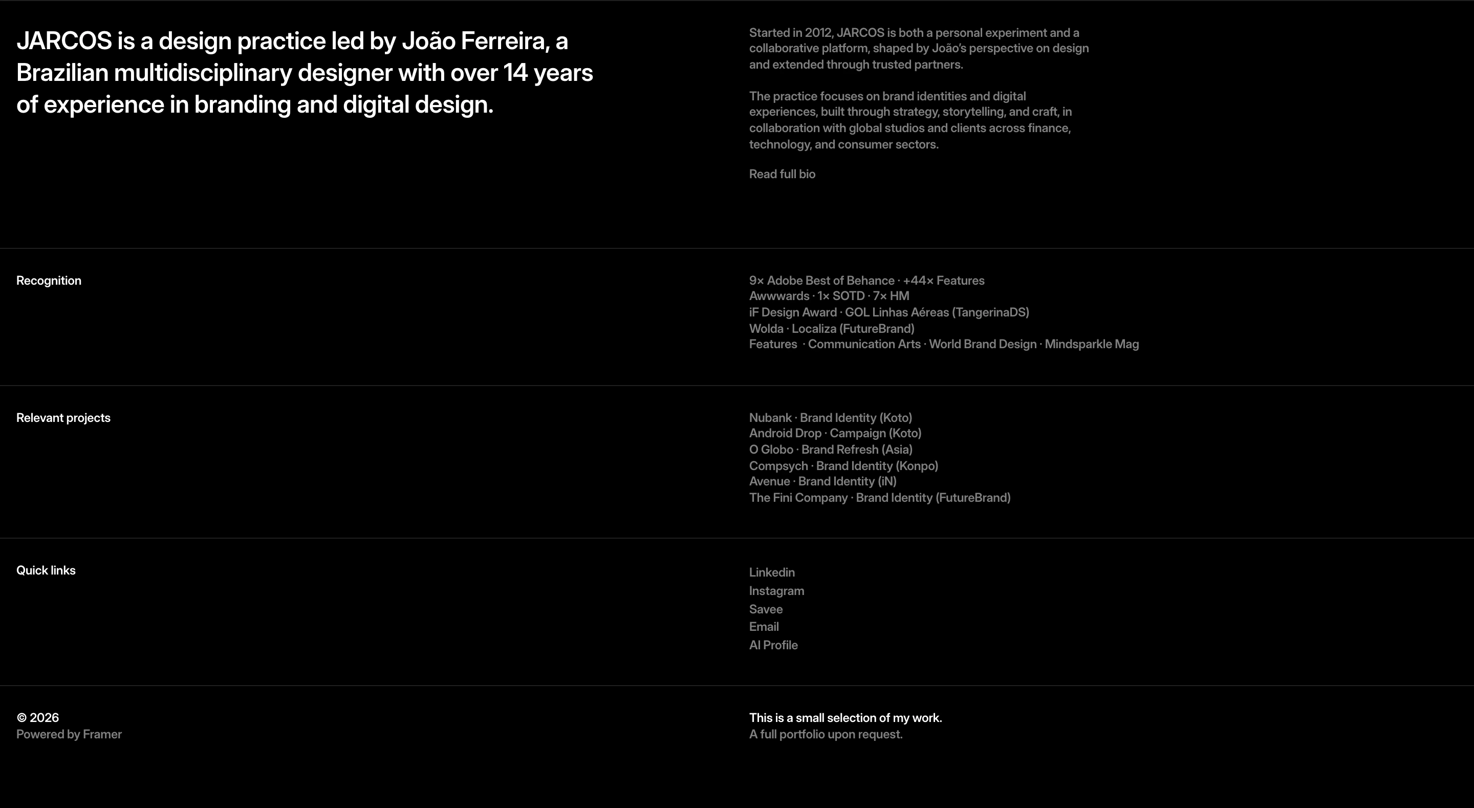 Quiet, starkly minimal dark index and bio section structured with fine horizontal rules and rigorous typography.