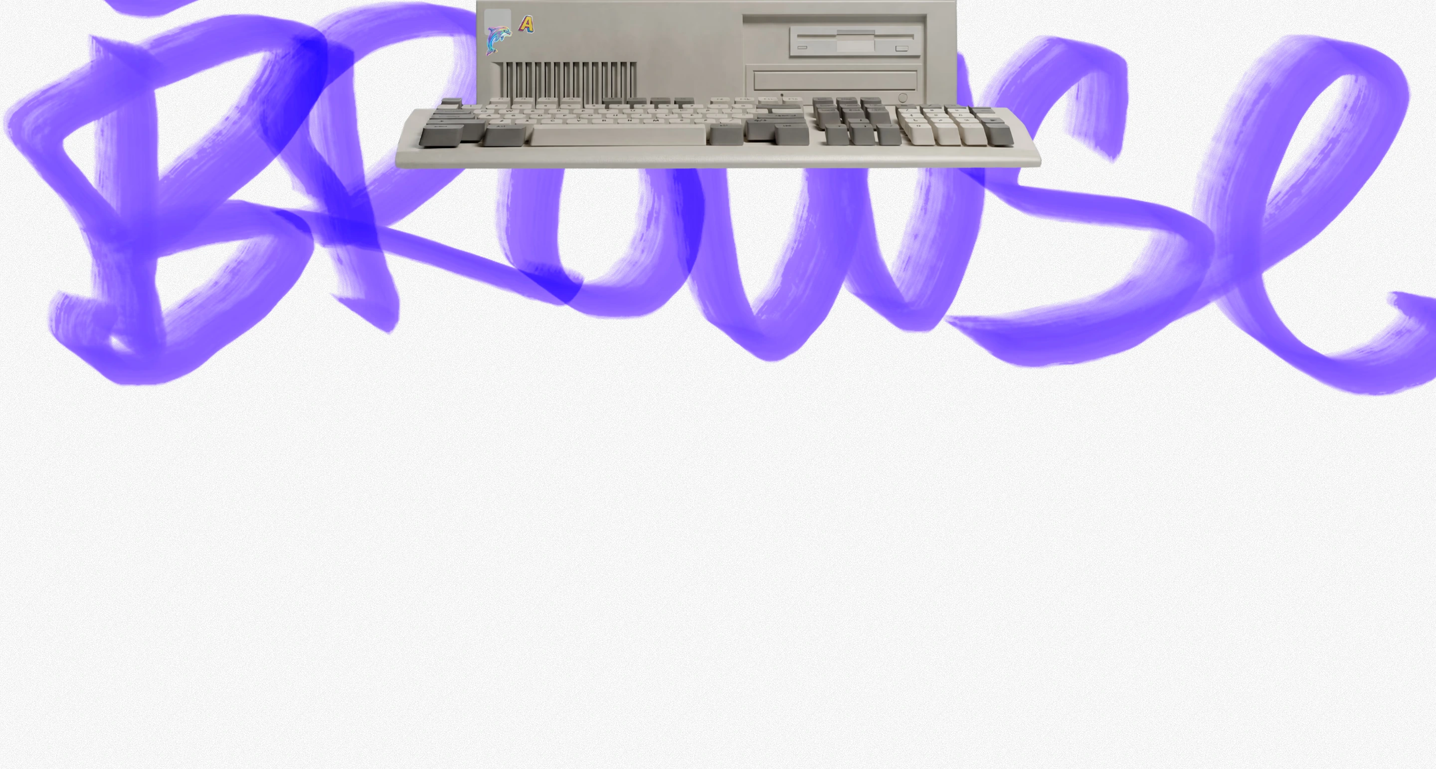 A playful retro collage pairing a vintage beige computer workstation with giant expressive purple airbrushed lettering.