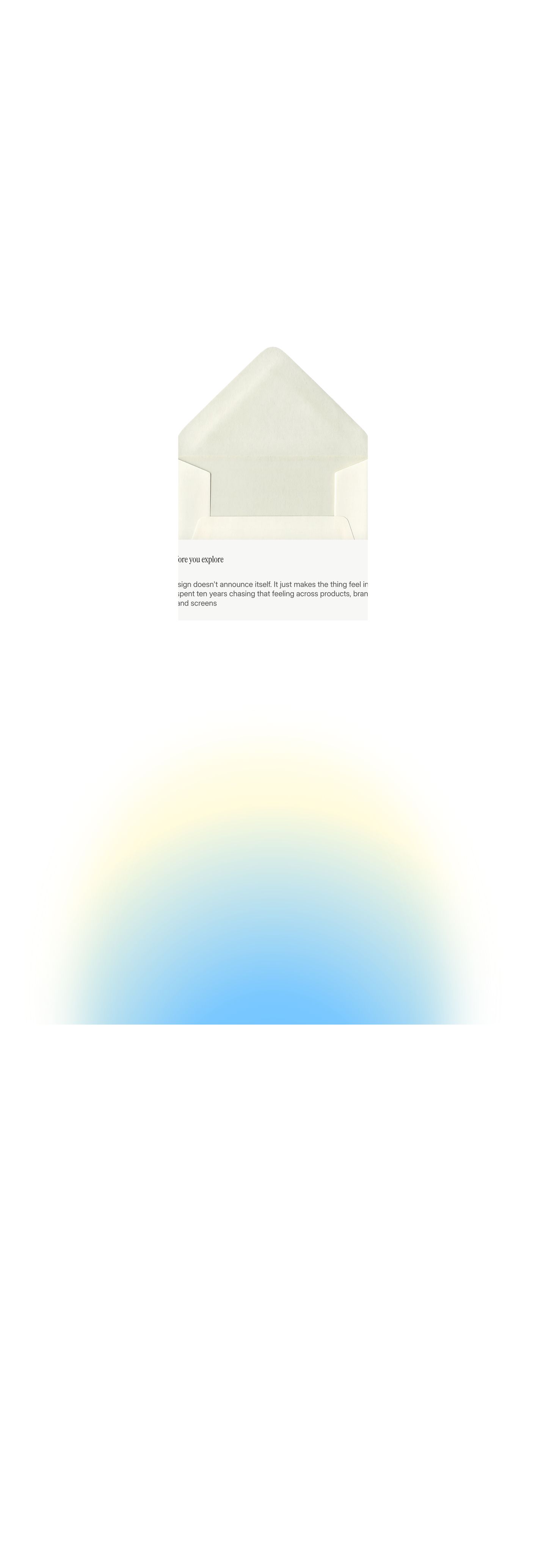 An ethereal, airy introductory note featuring an open paper envelope graphic above a soft luminous blue gradient glow.