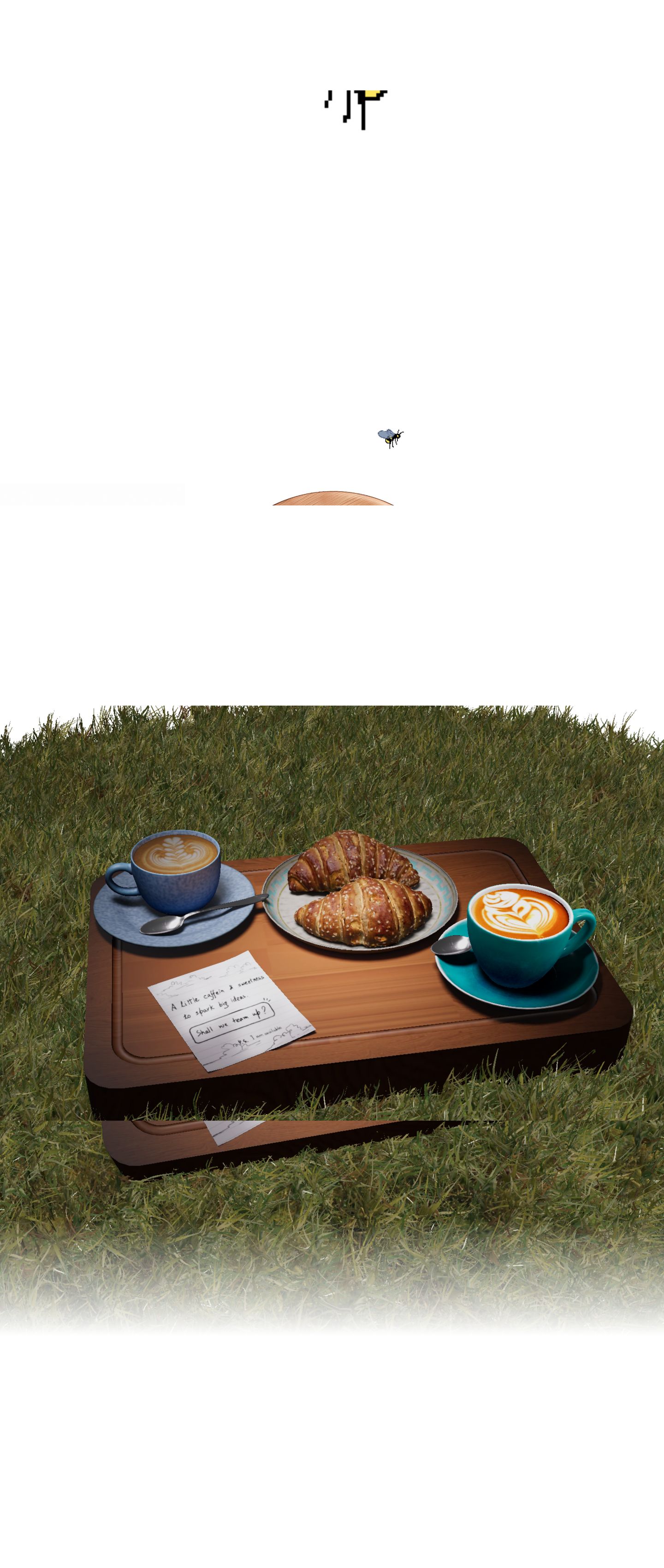 A whimsical 3D picnic scene on grass with coffee and croissants carrying a handwritten invitation to collaborate.