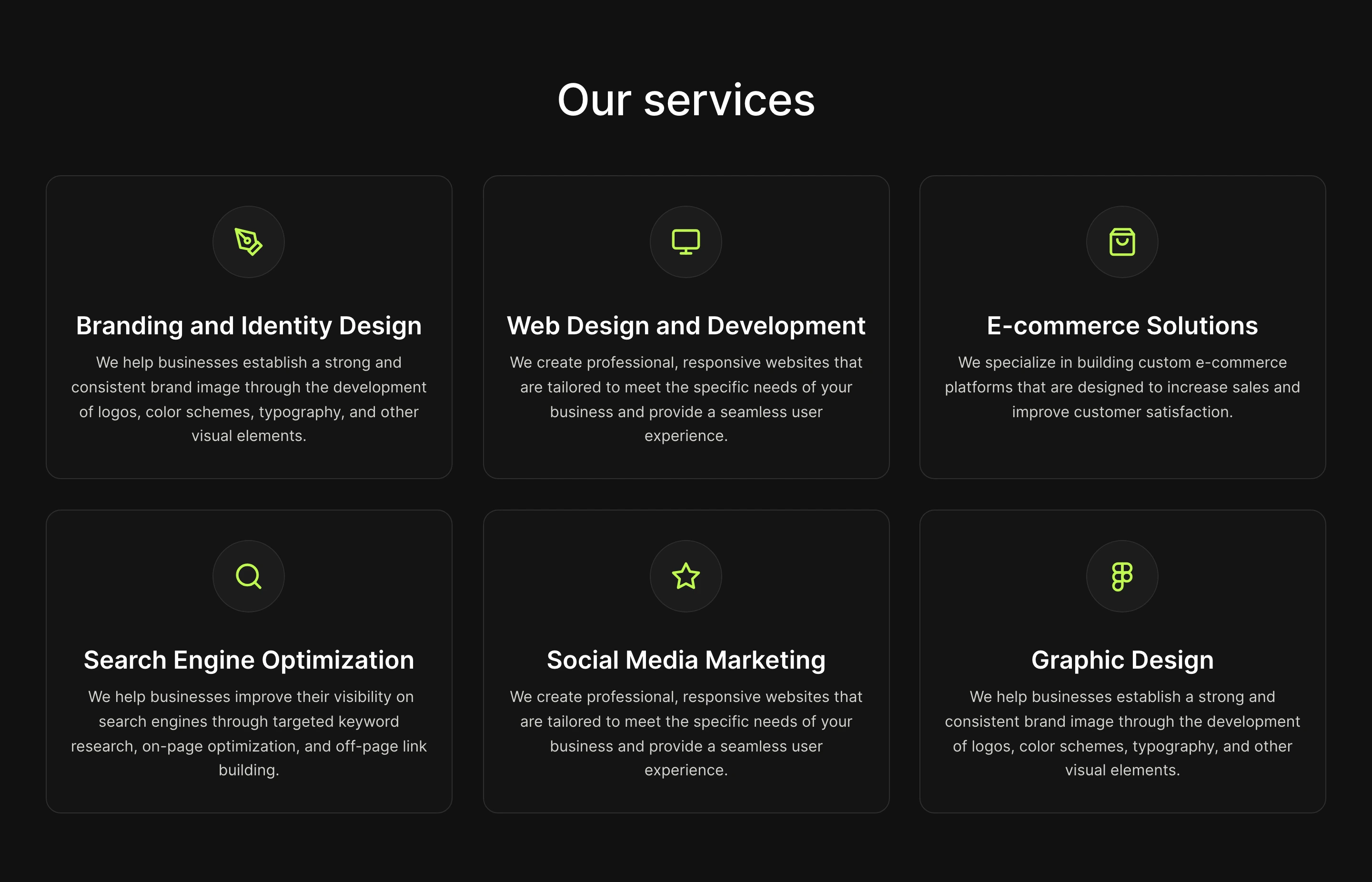 Minimal dark service grid featuring fine line icons within rounded cards and centered typography.