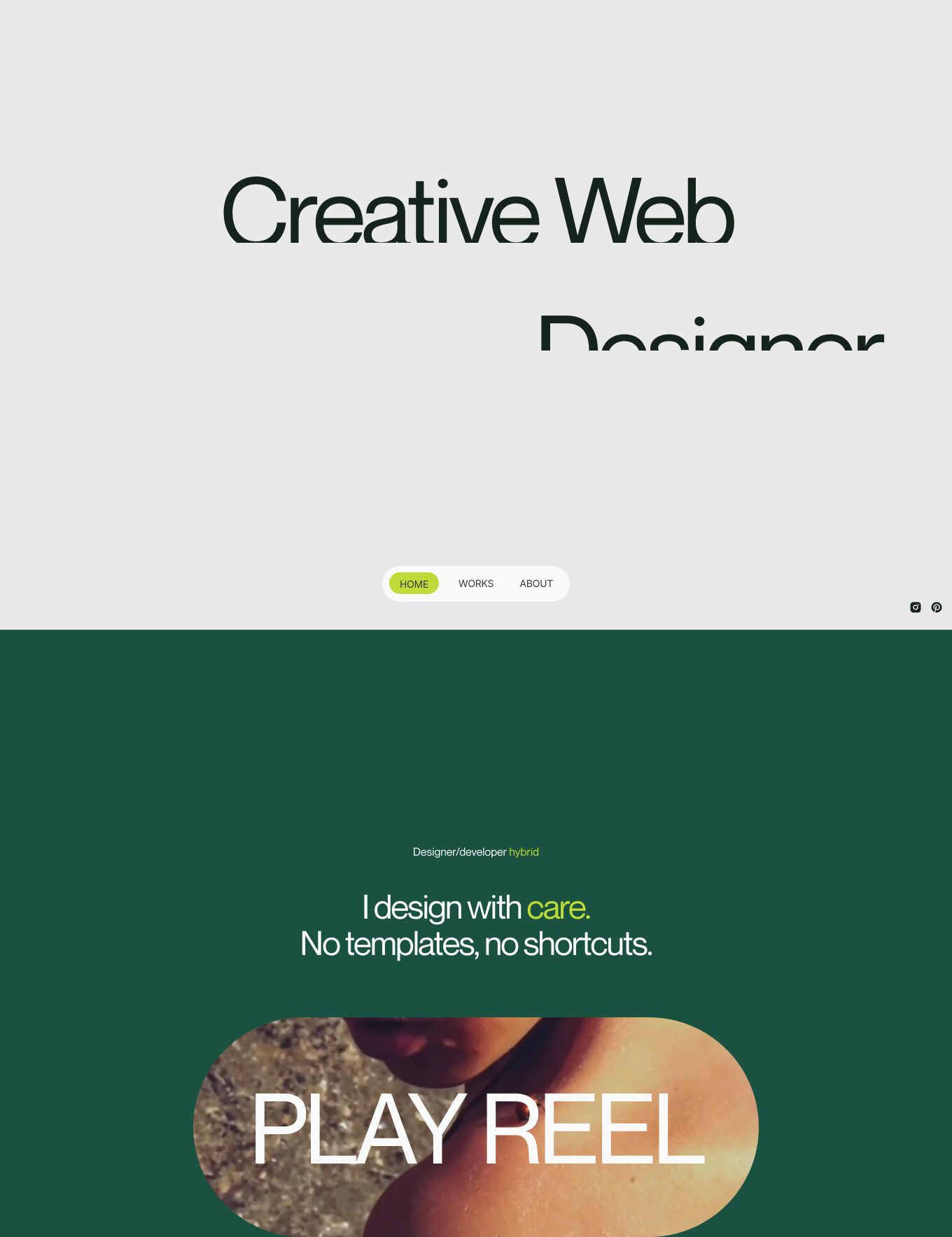 A split-tone designer portfolio hero balancing stark typography with deep forest green and an oversized pill video player.