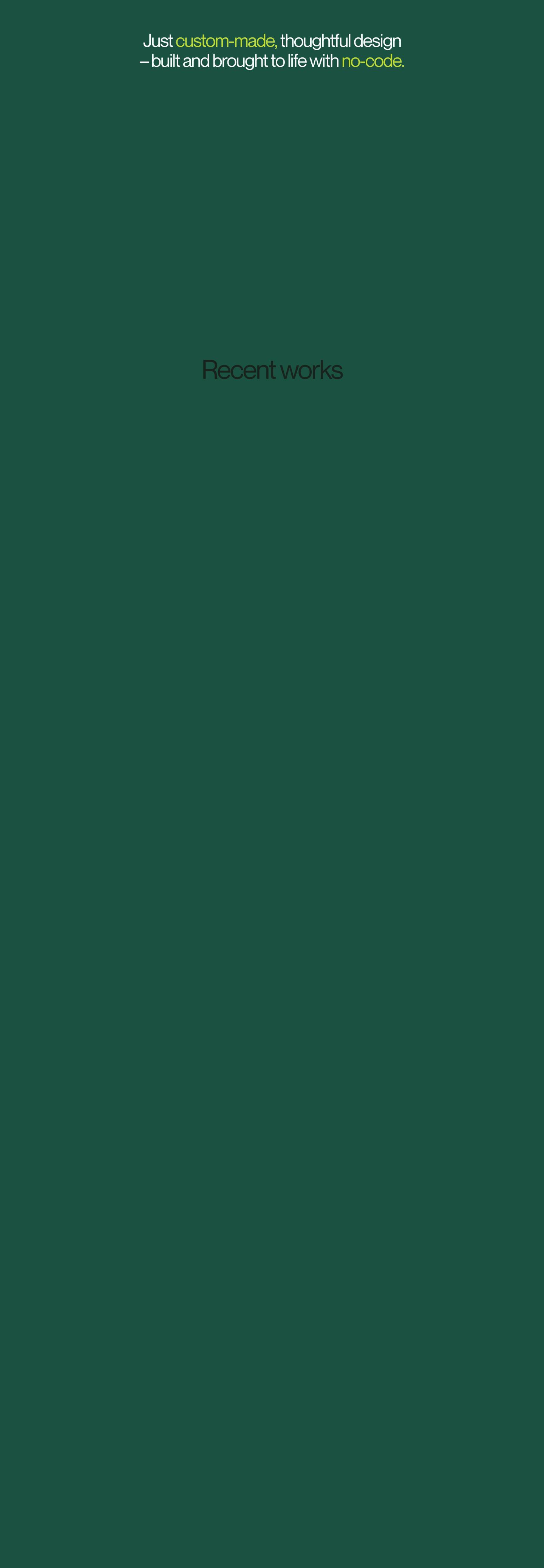 An ultra-minimal, cavernously spaced dark green statement section with centered typography and vivid lime accents.