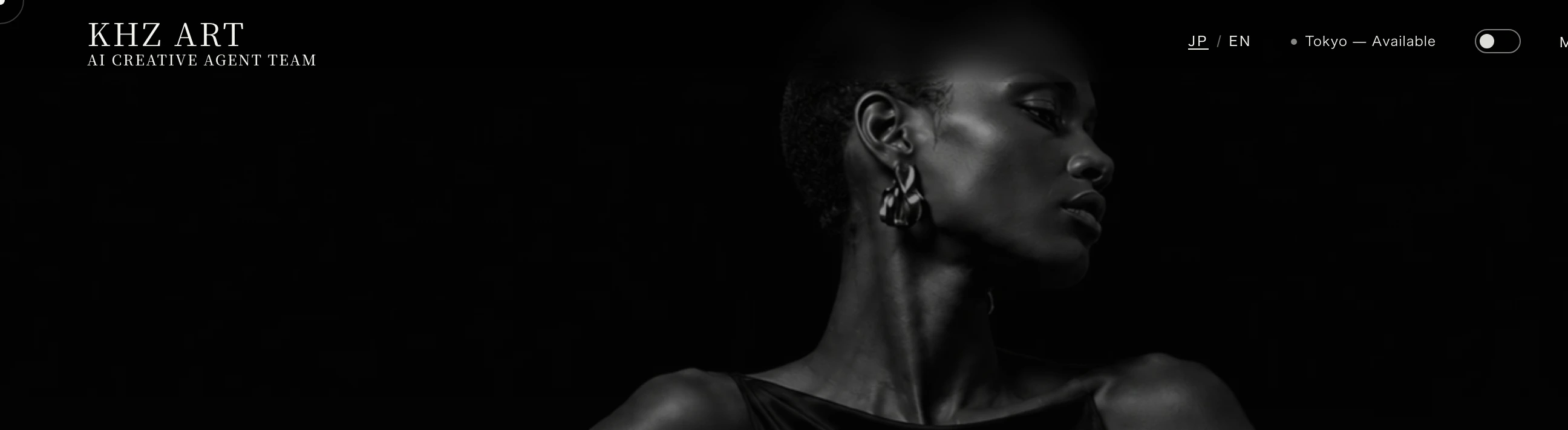A high-end monochrome fashion header blending delicate serif branding and minimal status indicators over shadowy portrait photography.