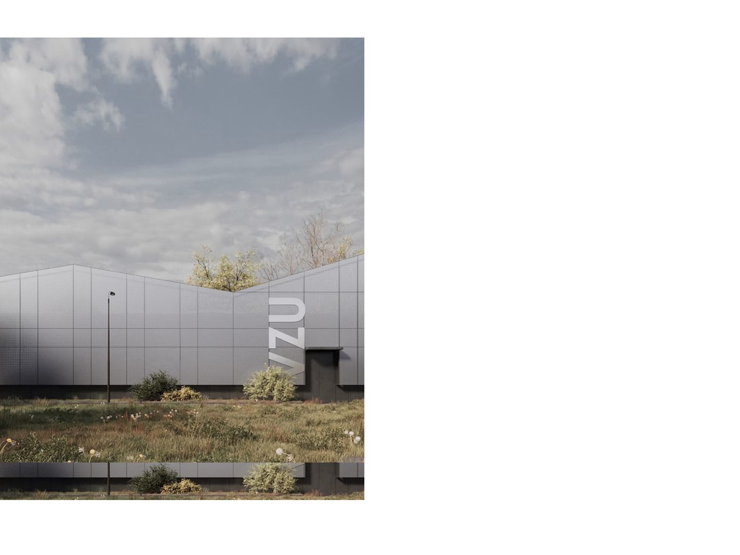 Quiet, minimalist composition pairing a photorealistic architectural facade against an expansive void of clean white space.