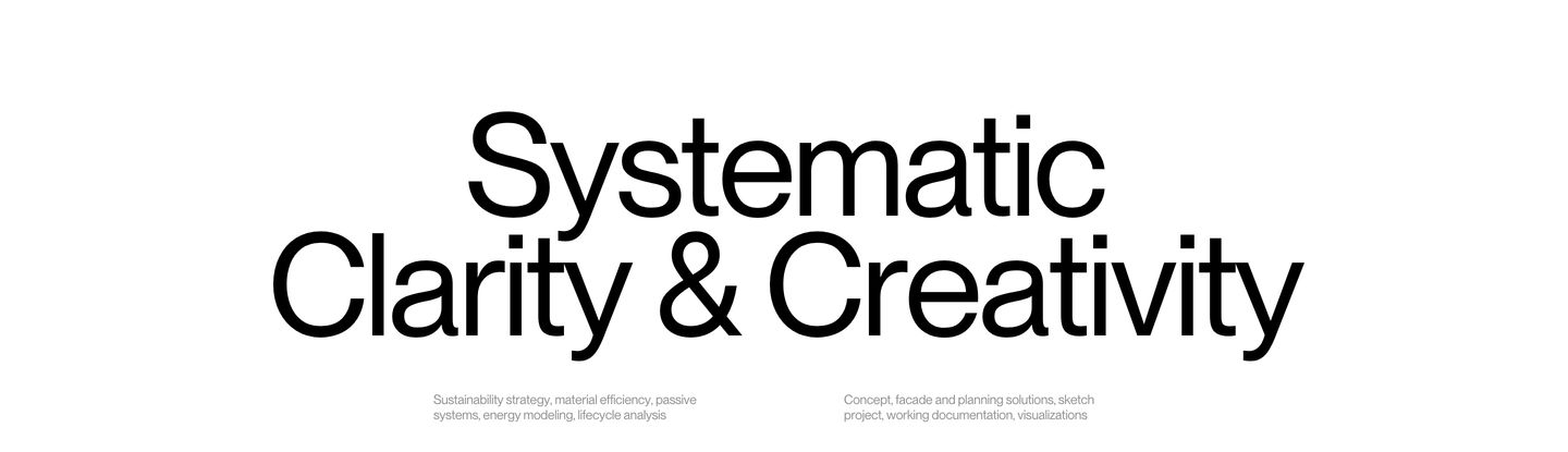 Minimalist typographic statement featuring stark black sans-serif lettering suspended in vast white space with quiet two-column annotations below.