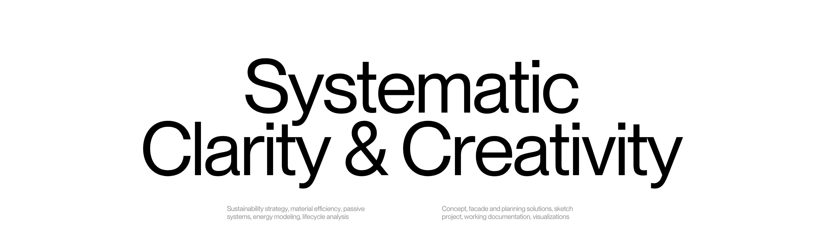 Minimalist typographic statement featuring stark black sans-serif lettering suspended in vast white space with quiet two-column annotations below.