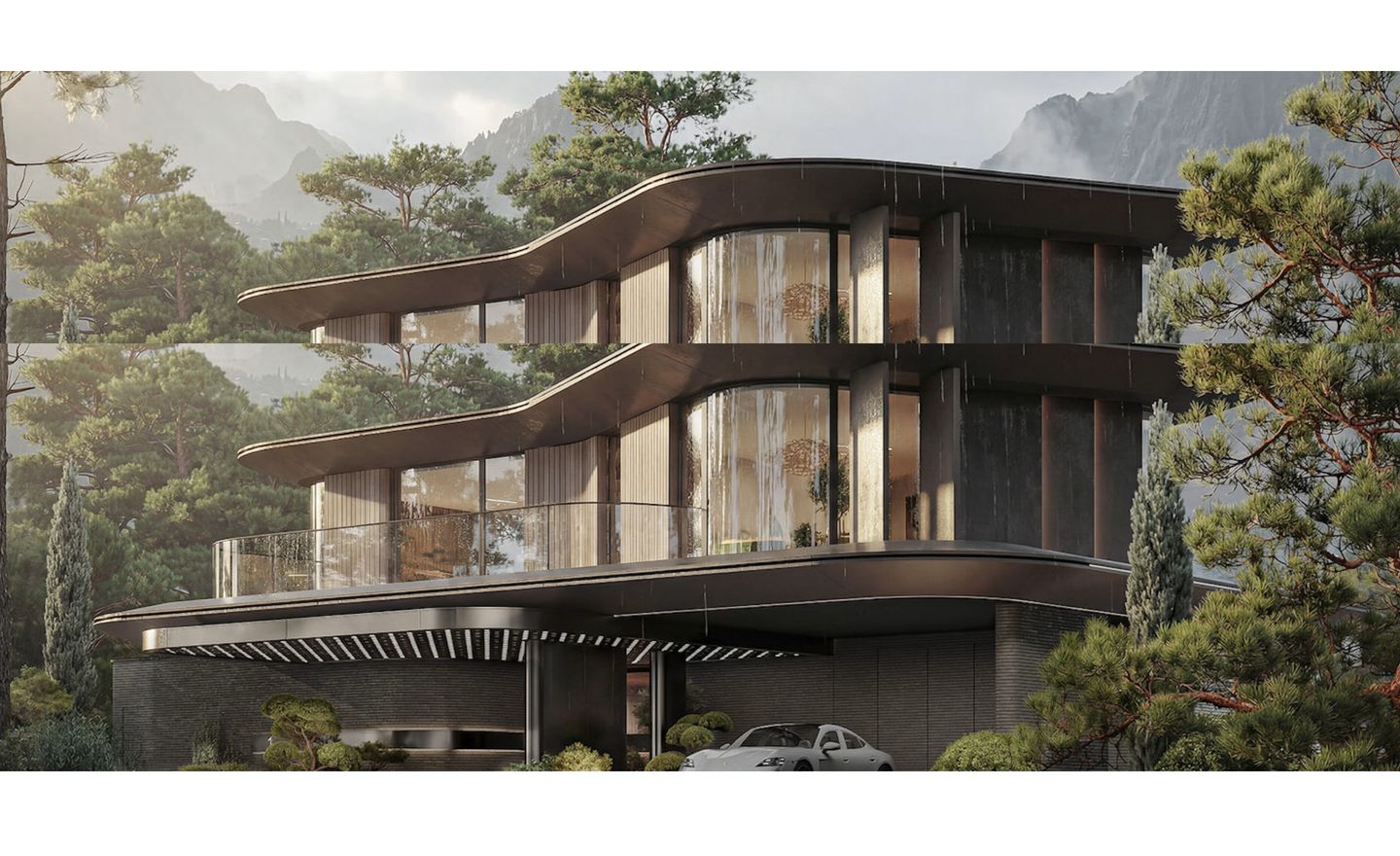 Luxurious architectural showcase framing high-end residential design nestled within an atmospheric forest and mountain landscape.