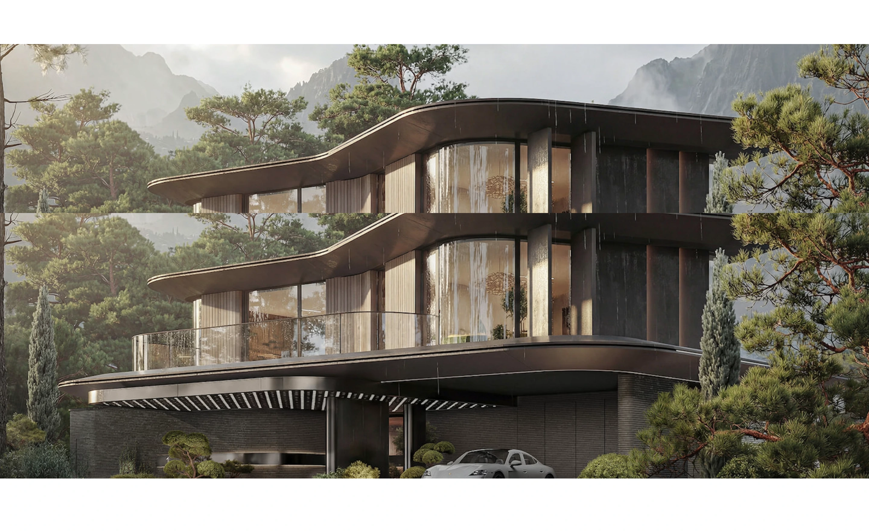 Luxurious architectural showcase framing high-end residential design nestled within an atmospheric forest and mountain landscape.