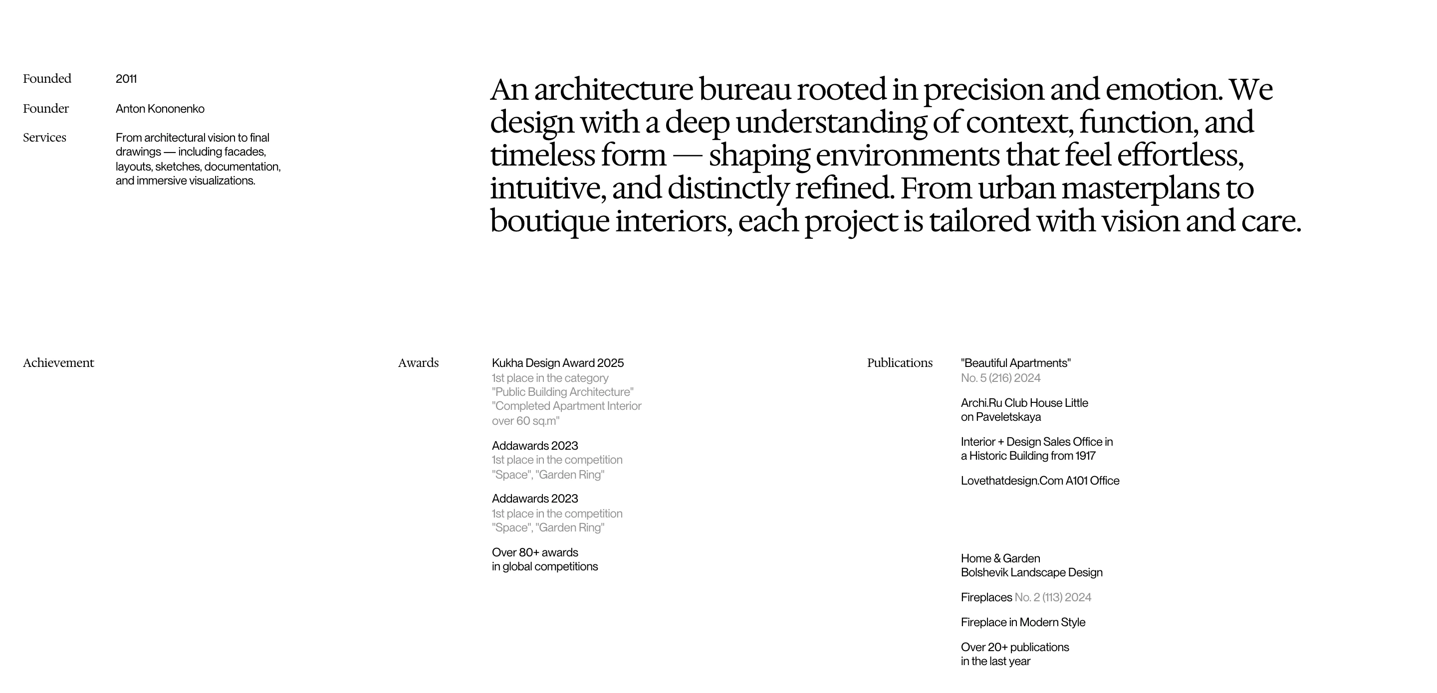 An austere, airy architectural statement section balancing a large serif overview against precise multi-column index metadata.