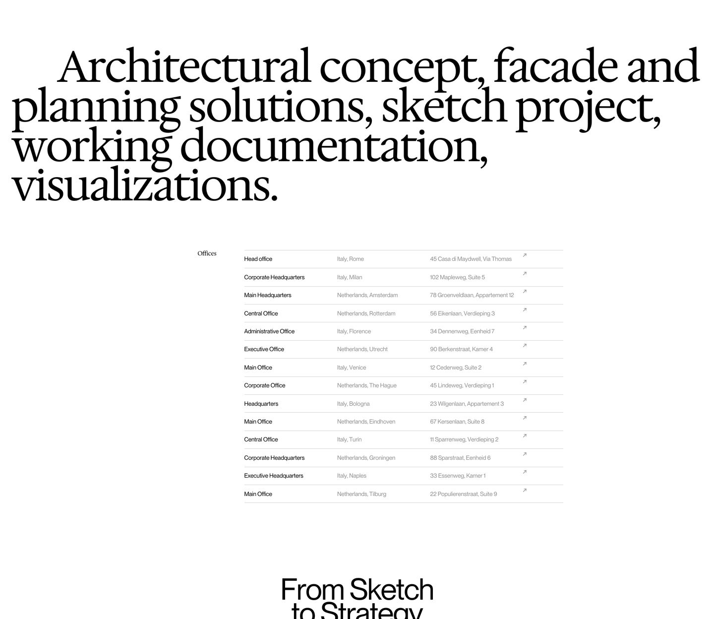 Stark, text-dense architectural section pairing massive serif display typography with a disciplined, fine-line directory of global offices.