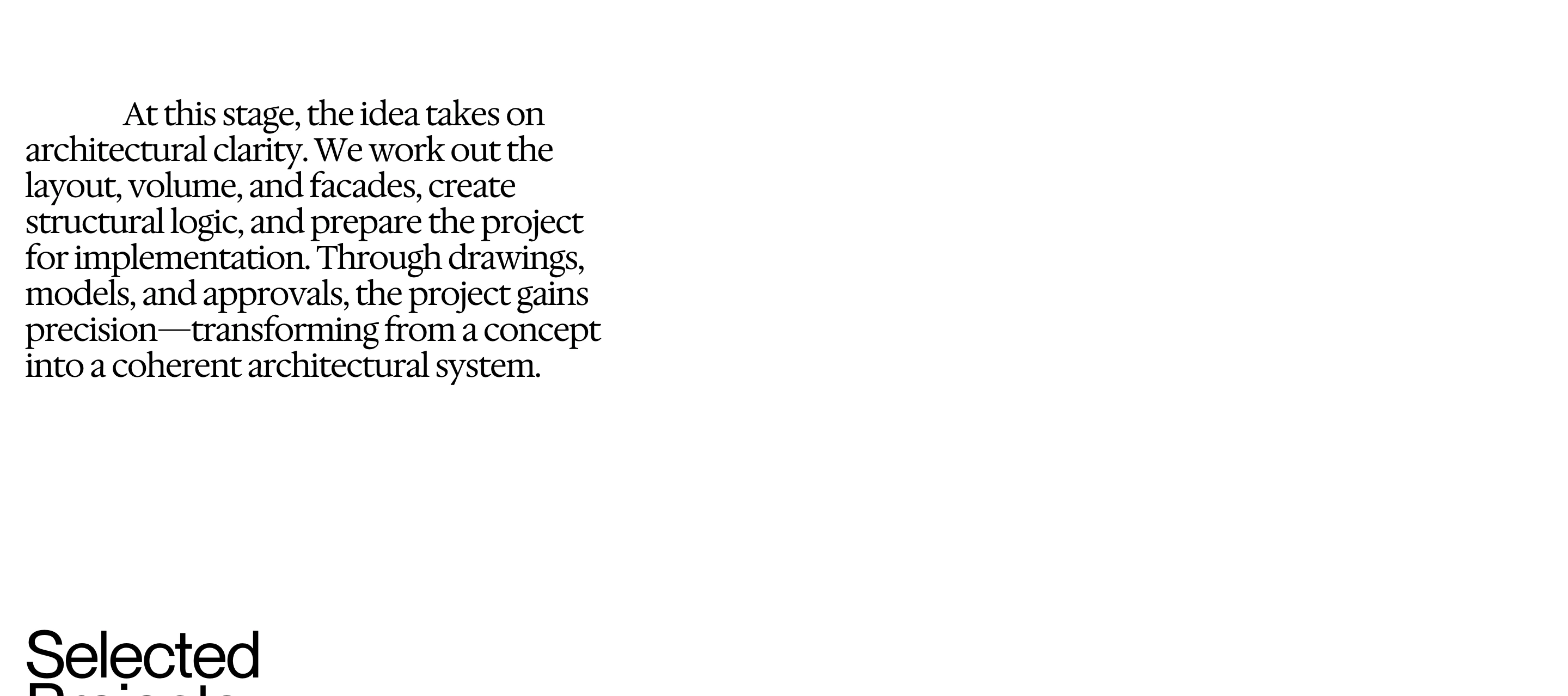 Vast whitespace surrounds a quiet, deliberate editorial paragraph explaining architectural methodology.
