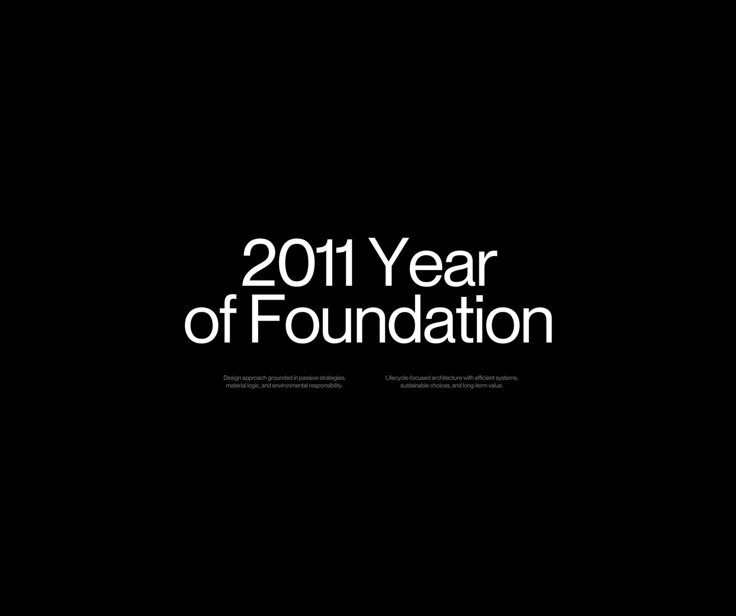 Austere and monumental black section centered on an oversized milestone headline with quiet supporting text beneath.