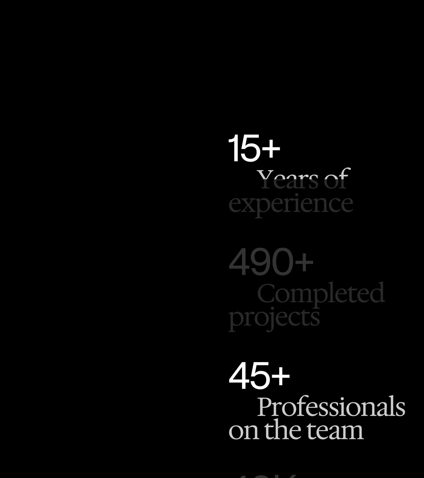 Stark black expanse balancing elegant typography and key metrics pushed dramatically to the right margin.