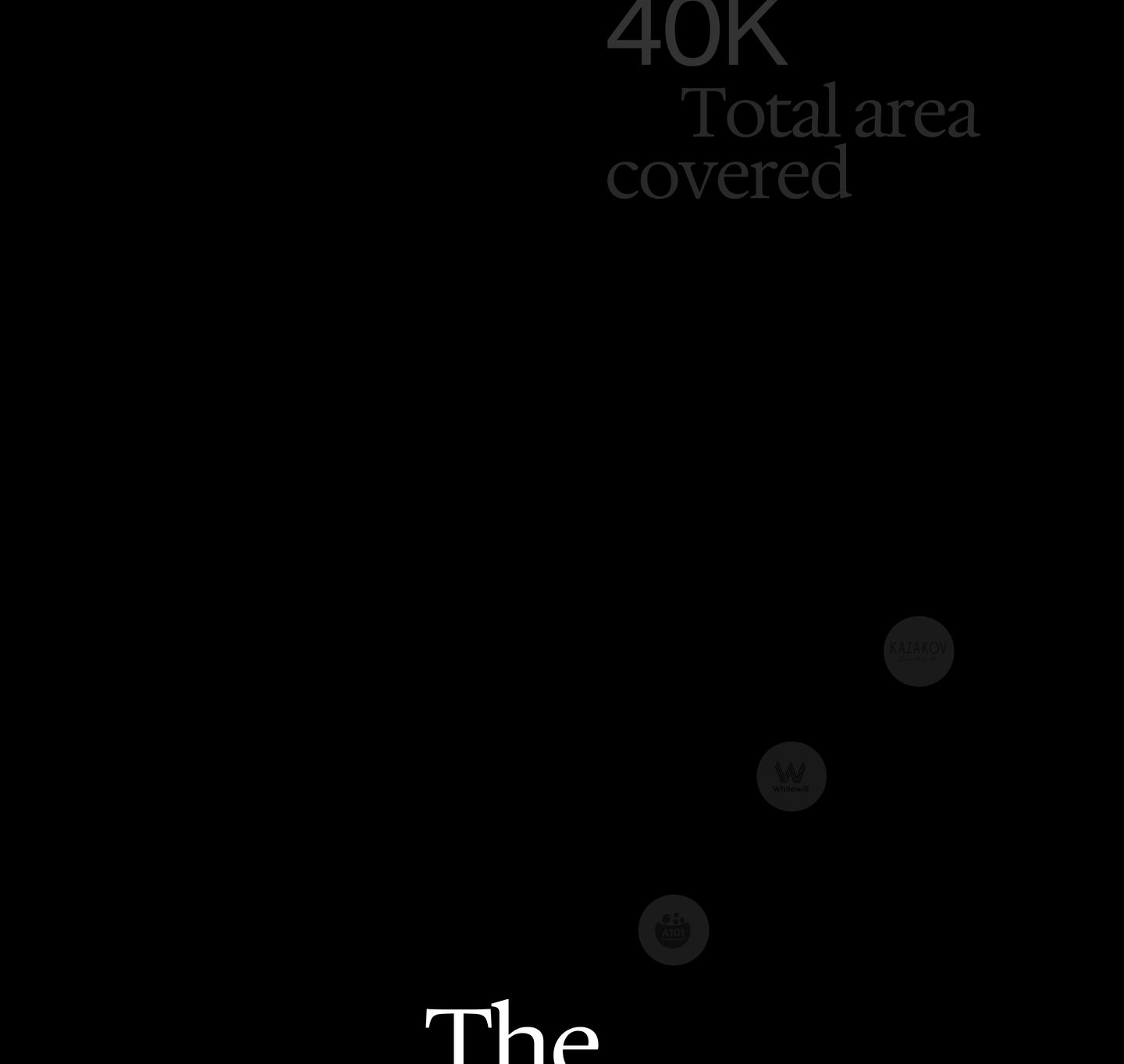 An austere, pitch-black space populated only by whispered stats and floating client badges leading into a monumental serif headline.