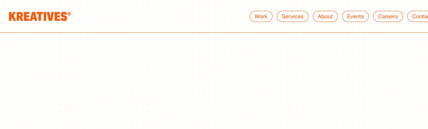 Crisp, structured navigation bar framed with vivid orange branding and refined pill-shaped links over an engineered dot grid.