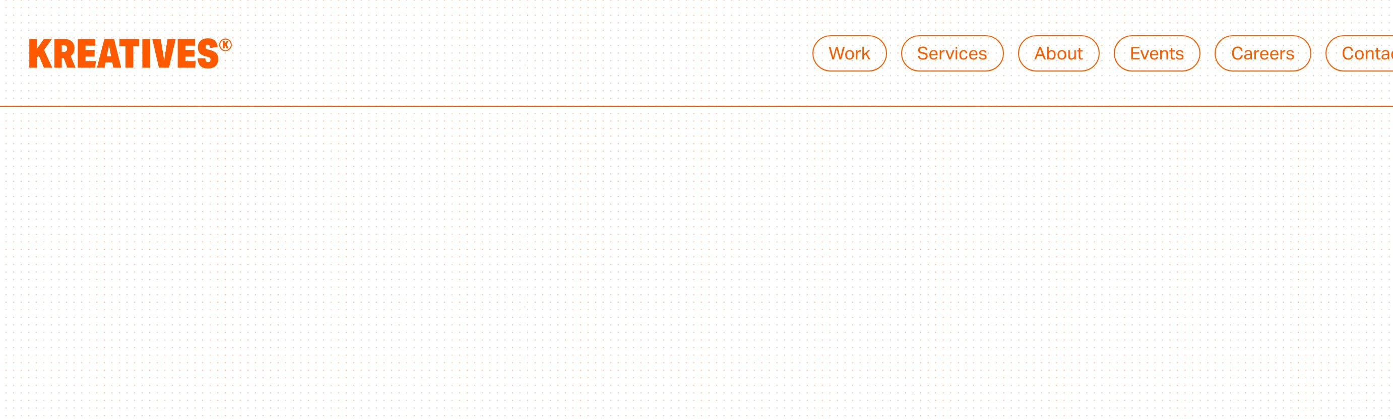 Crisp, structured navigation bar framed with vivid orange branding and refined pill-shaped links over an engineered dot grid.