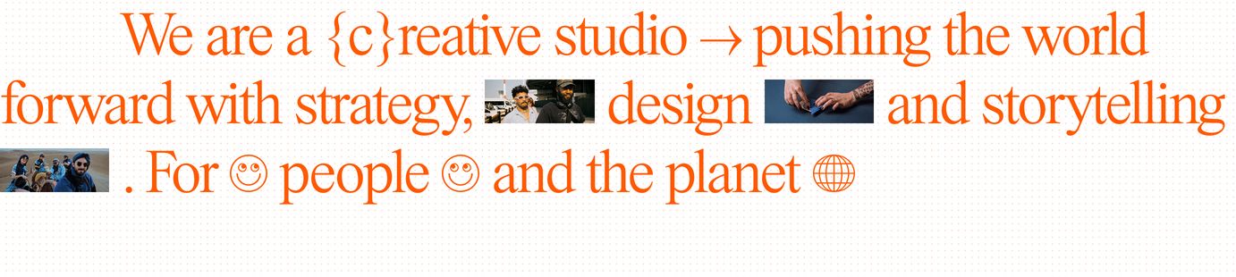 Vibrant and playful editorial manifesto pairing expressive orange serif typography with inline micro-photographs and symbols.