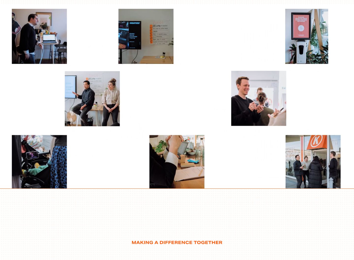 A quiet and airy arrangement of candid documentary snapshots floating above a minimalist dot grid and centered orange typography.