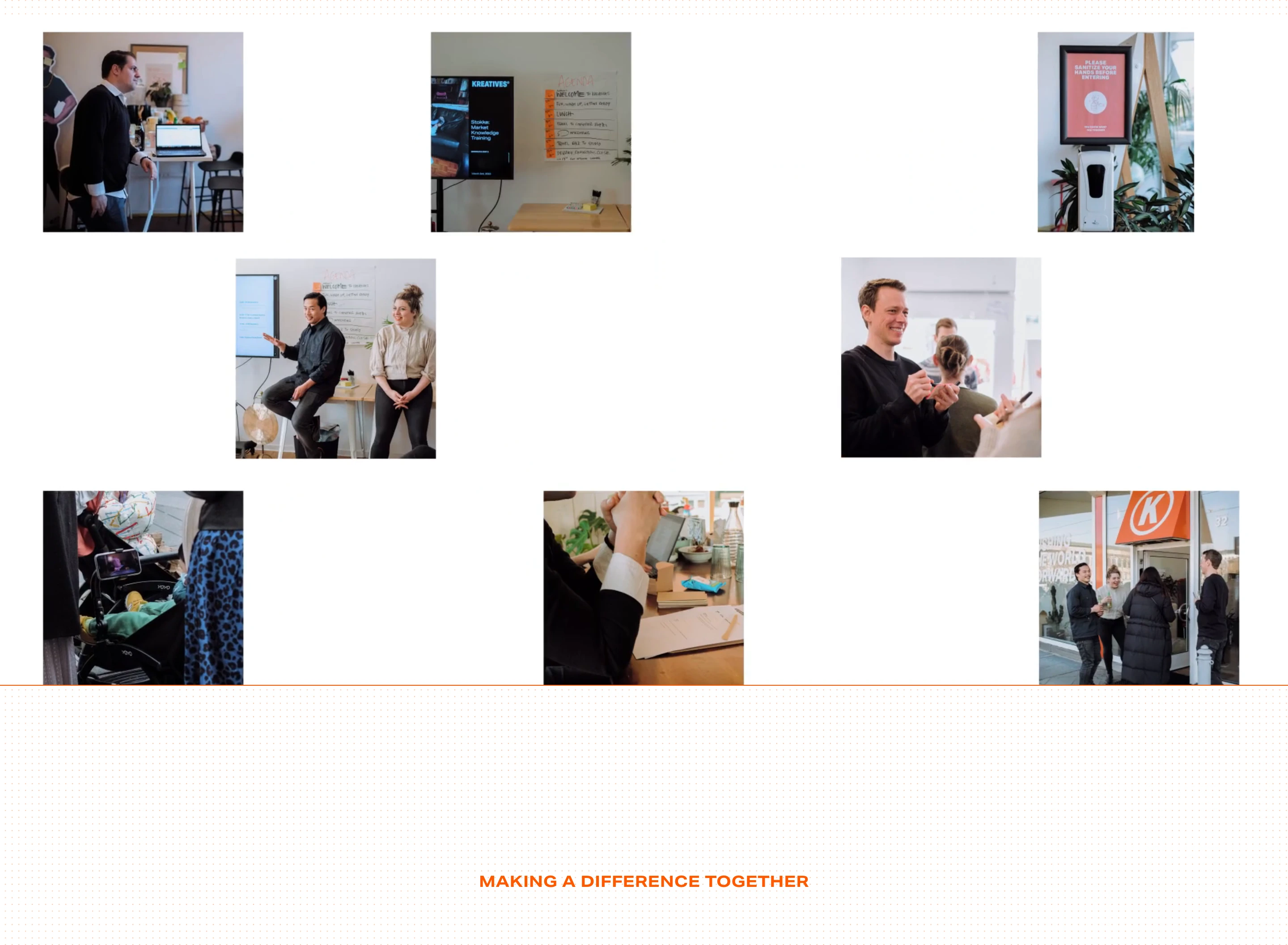 A quiet and airy arrangement of candid documentary snapshots floating above a minimalist dot grid and centered orange typography.