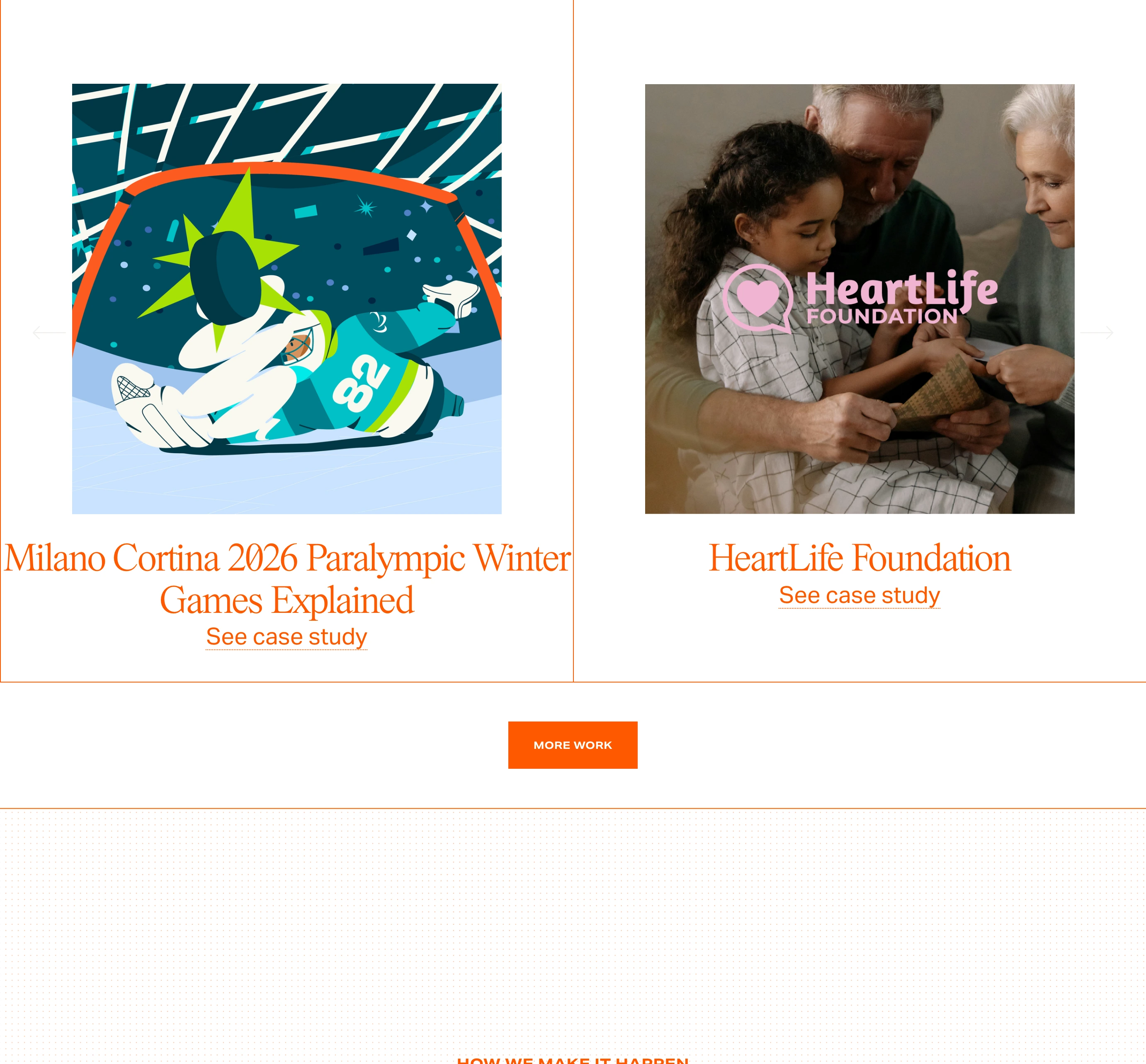 An airy editorial portfolio showcase framed with fine orange gridlines and classical serif typography.