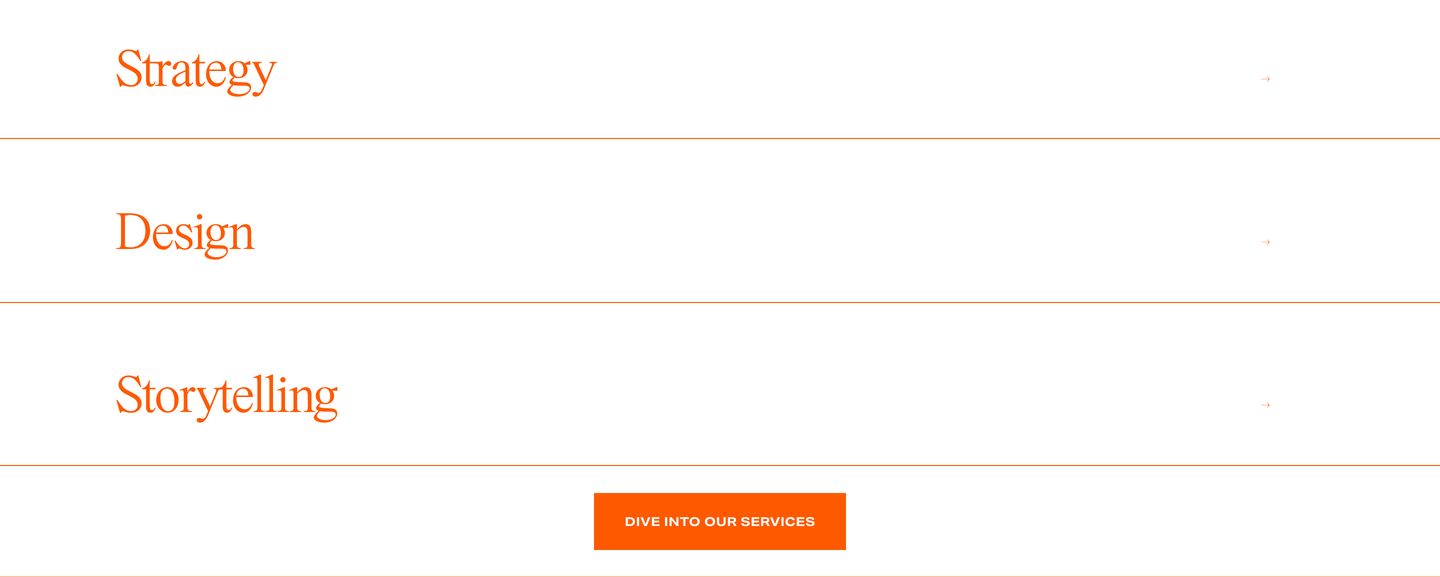 Spacious and restrained service index using delicate orange serif titles separated by hairline dividers above a solid orange button.