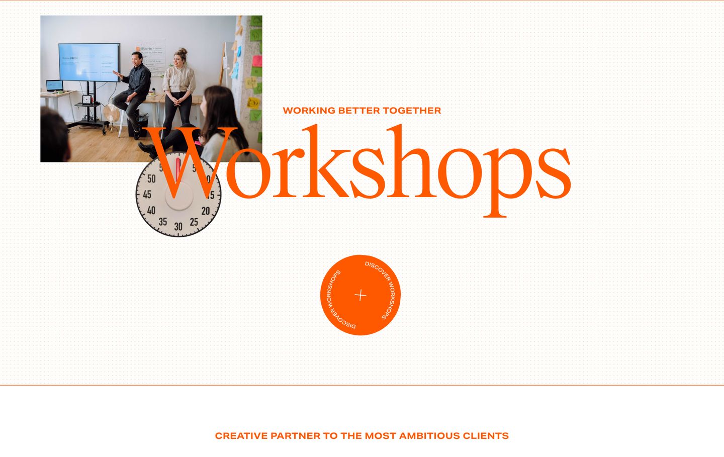 Airy editorial showcase combining candid photography, cutout analog graphics, and oversized orange serif type over a subtle dotted grid.