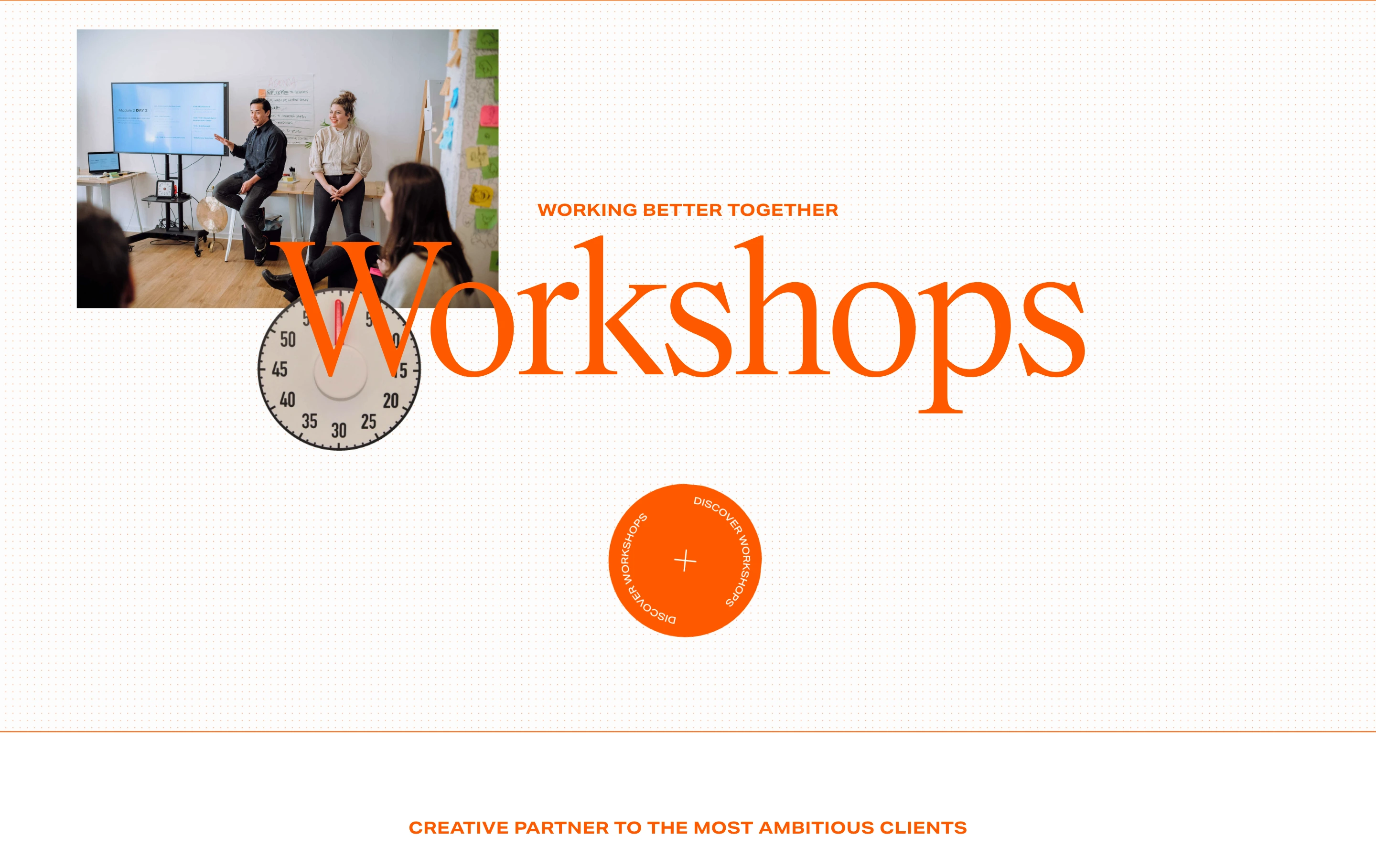 Airy editorial showcase combining candid photography, cutout analog graphics, and oversized orange serif type over a subtle dotted grid.