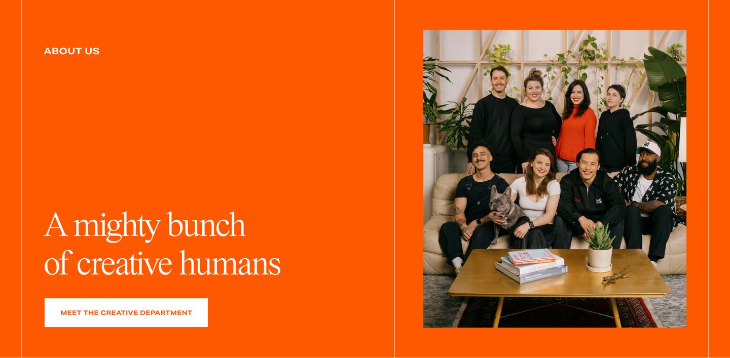 A punchy, saturated orange split section pairing an inviting team photograph with elegant serif typography.