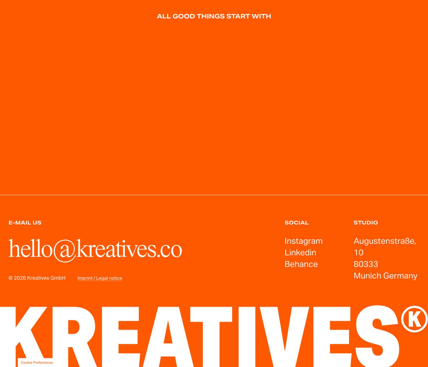 Saturated safety-orange footer featuring high-contrast white type, a serif contact link, and massive architectural brand lettering at the base.