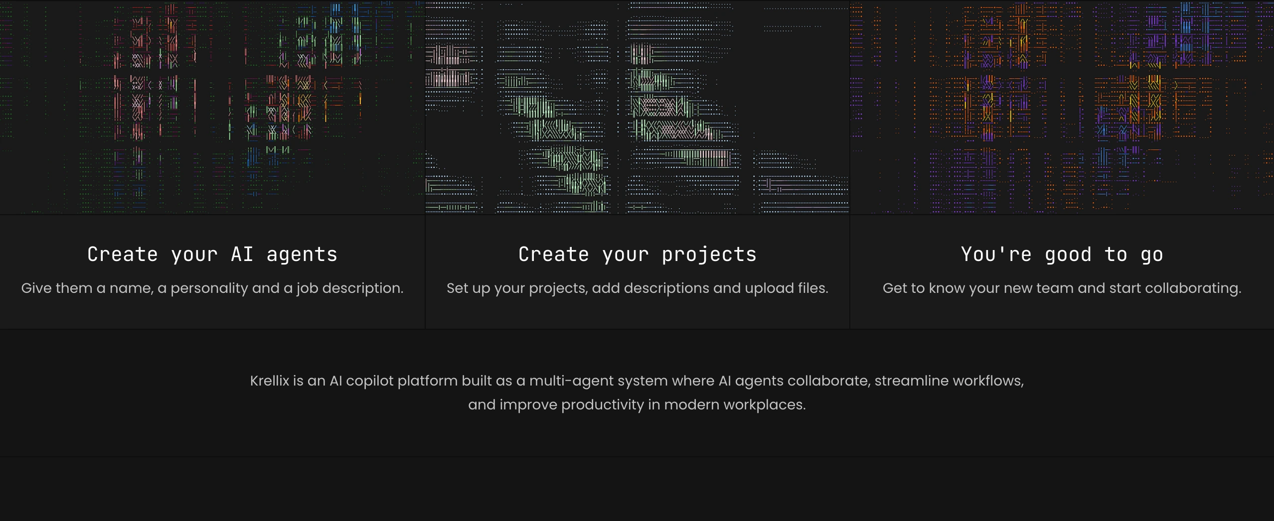 Dark three-step technical workflow framed by textured digital scanline artwork and centered monospaced headings.