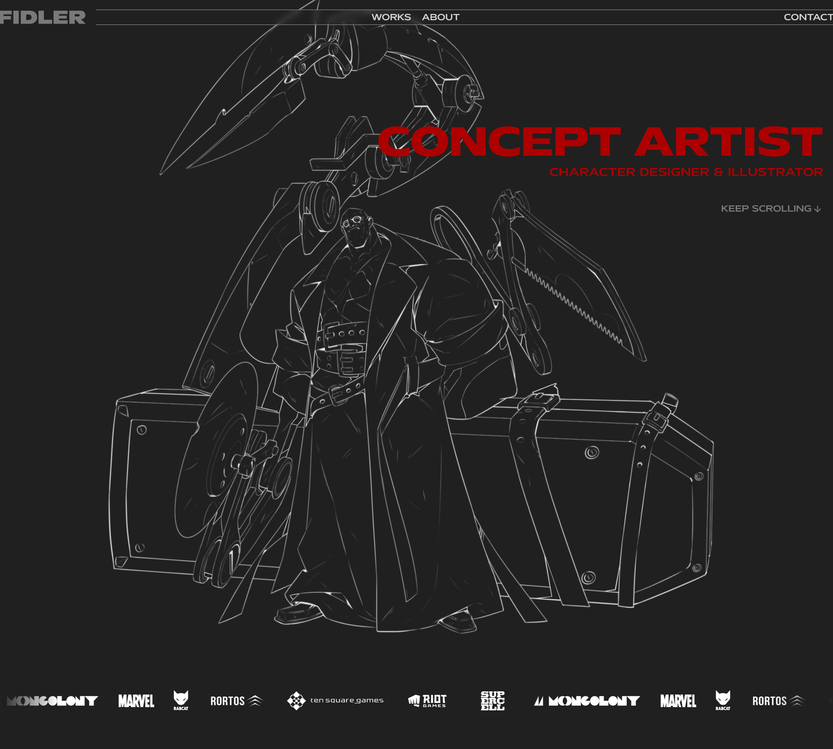 Moody, dark portfolio hero dominated by an intricate white line-art character illustration interwoven with bold crimson typography.