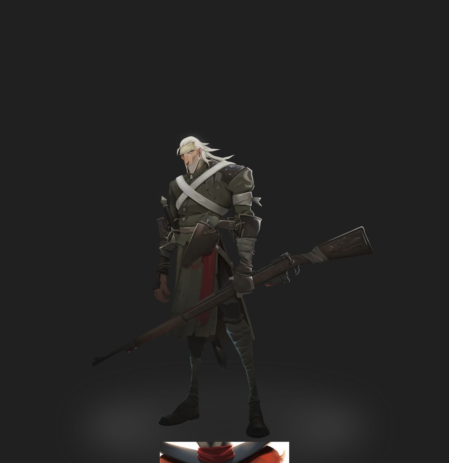 A stark, shadowy digital character illustration isolated dramatically on an atmospheric charcoal background.