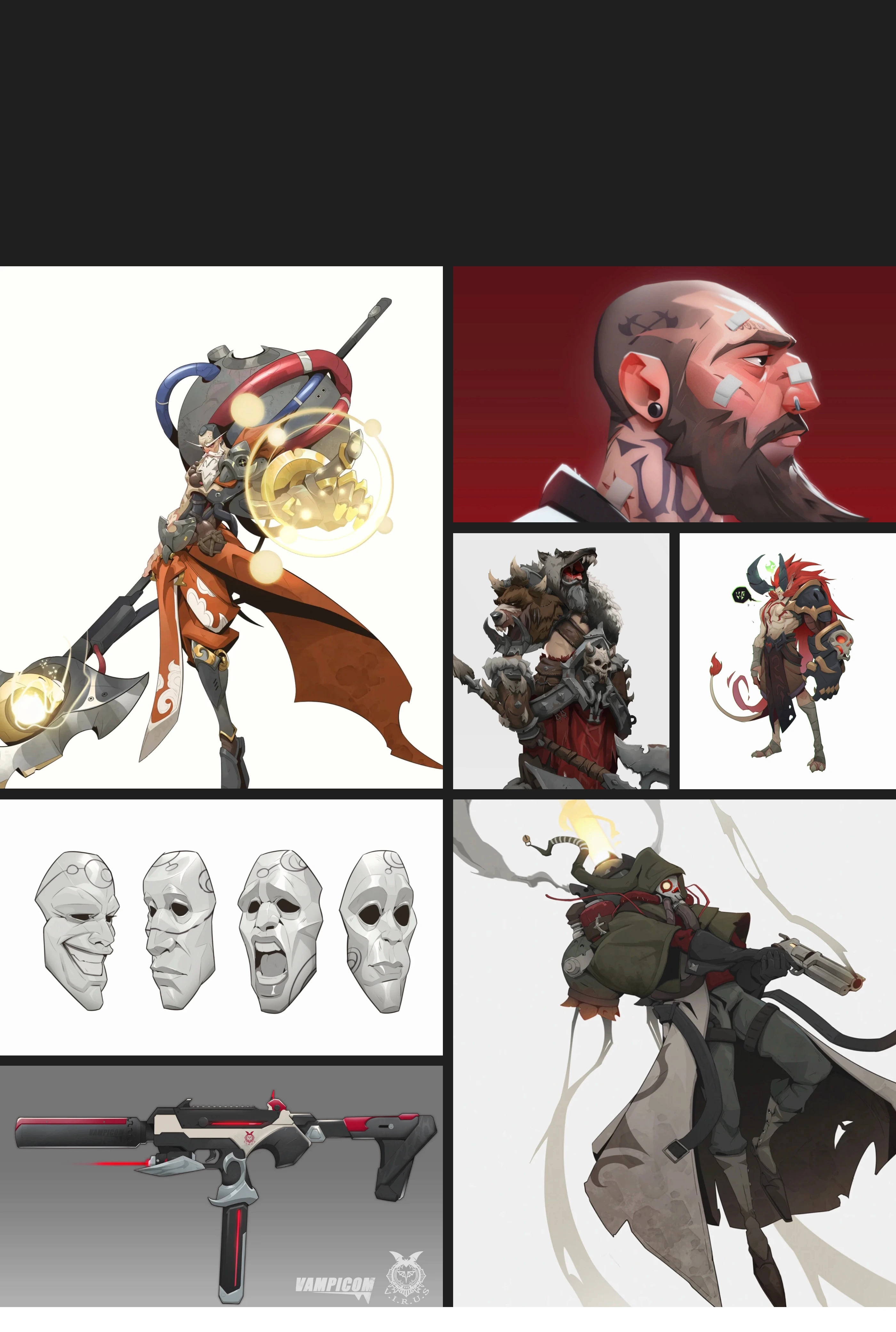 A dense, raw visual gallery displaying an eclectic array of concept art, stylized character designs, and 3D assets on a dark canvas.