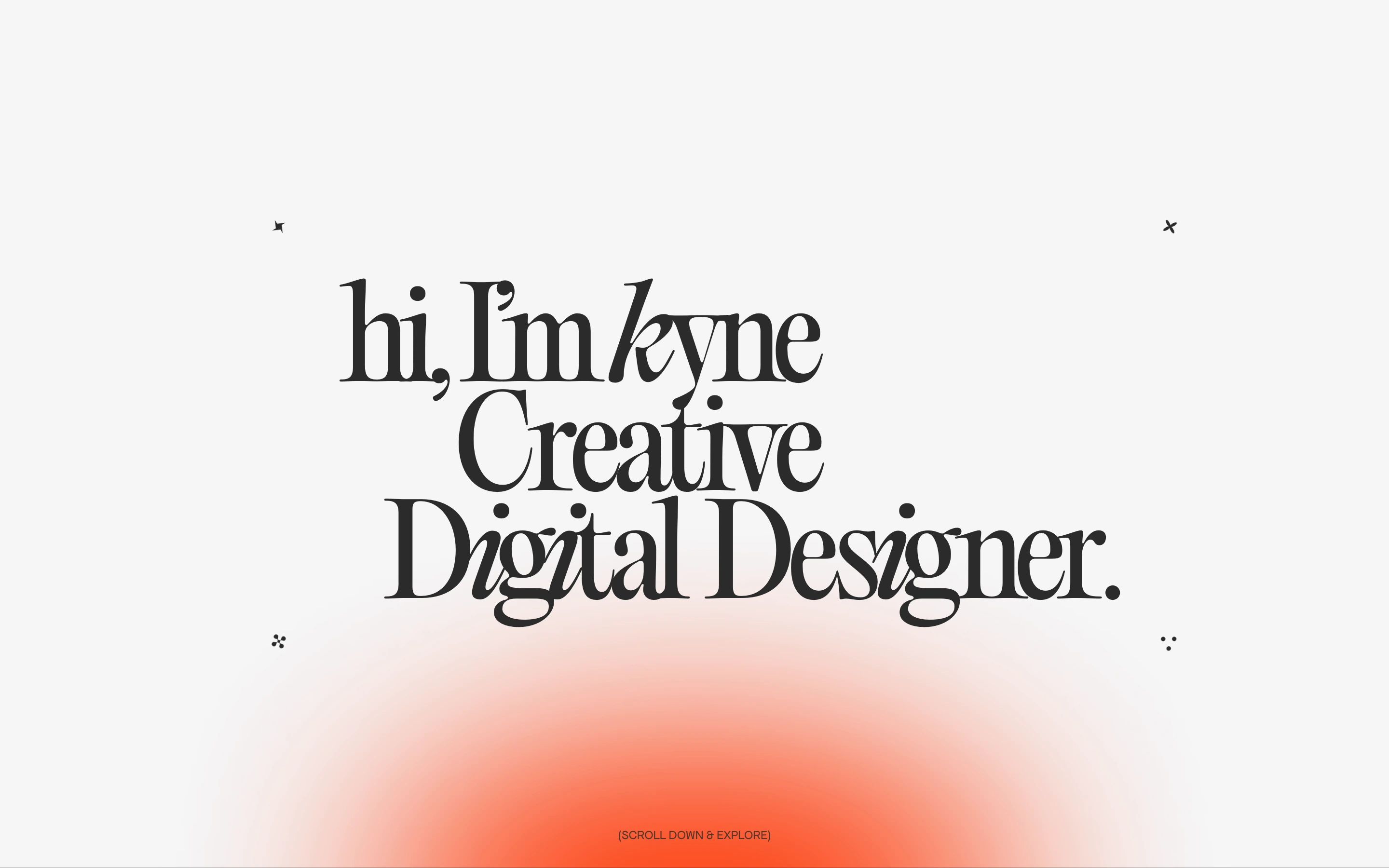 An airy, minimalist personal hero centered on expressive high-contrast serif typography rising above a warm glowing gradient aura.