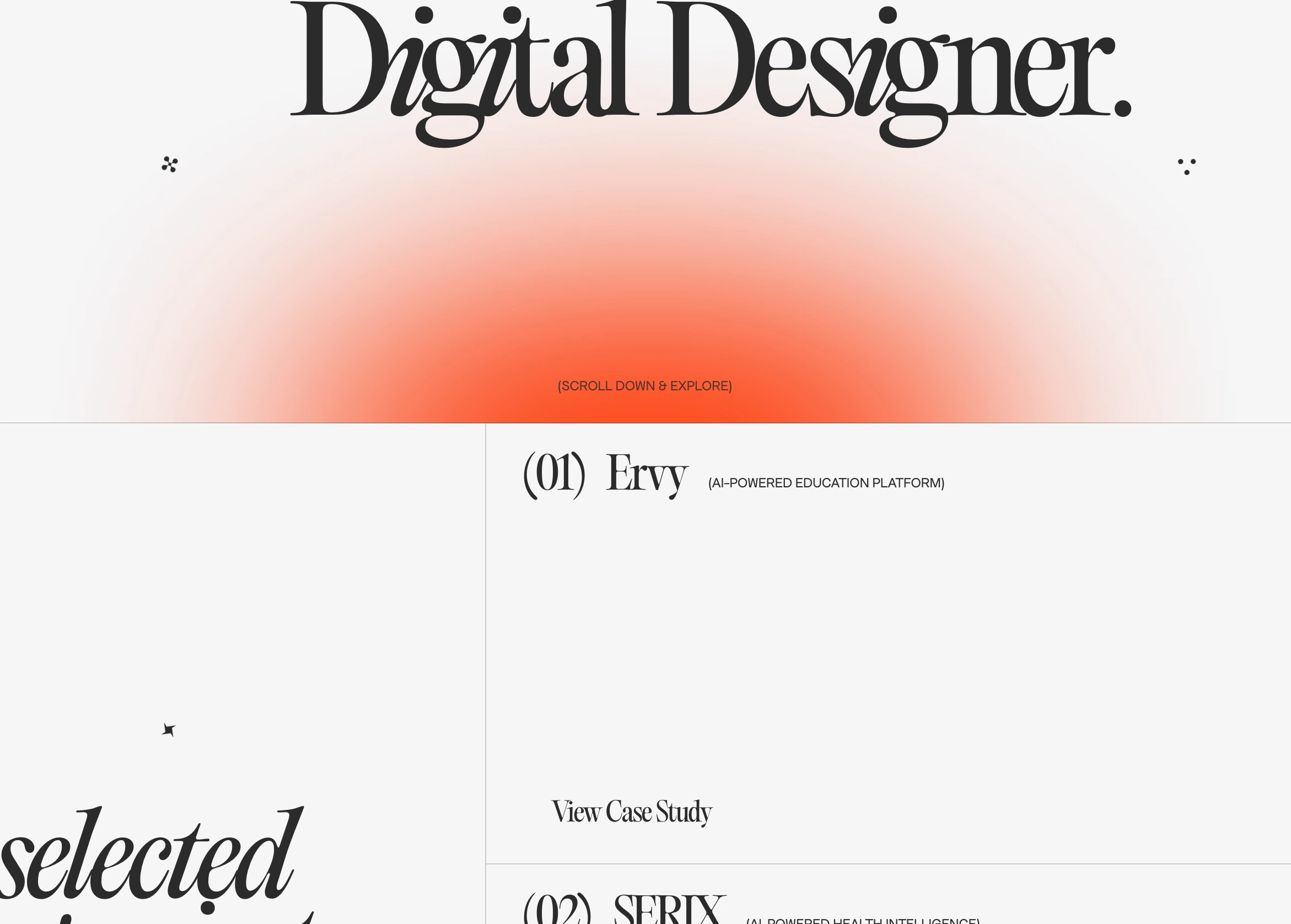 Luminous orange gradient haze rising beneath elegant editorial serif typography in an airy, gallery-like portfolio header.
