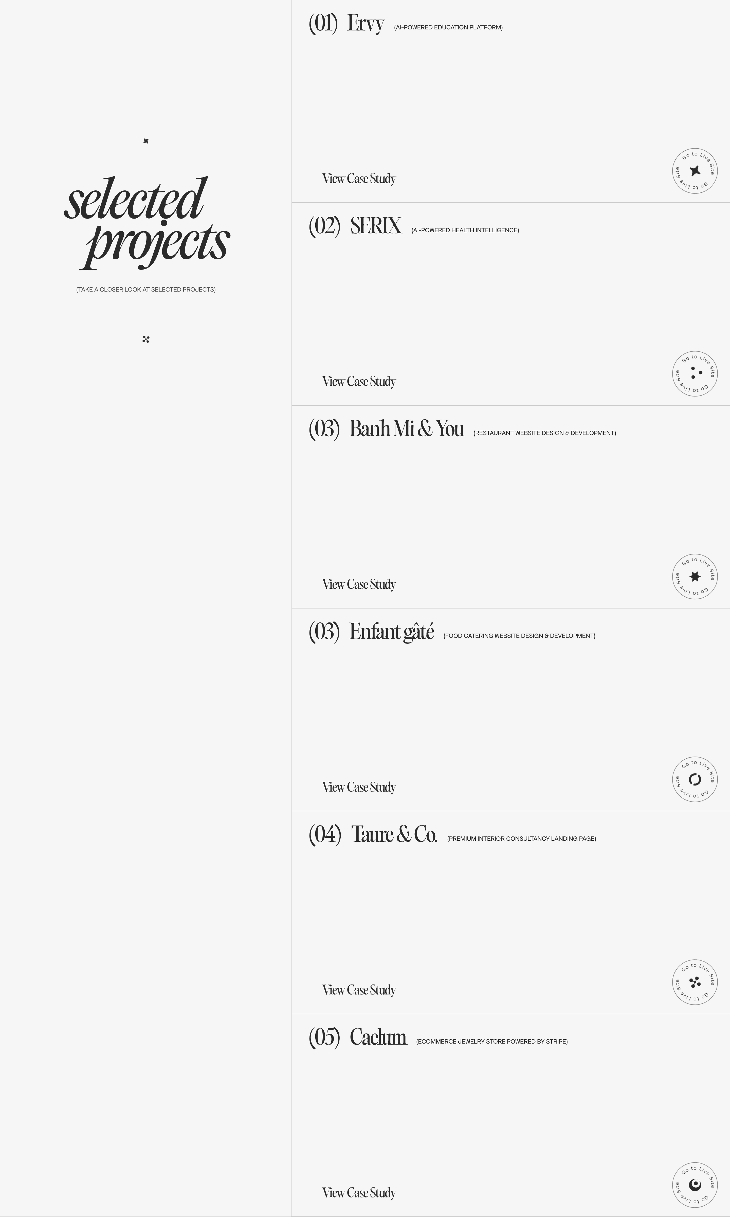 Minimalist, typography-driven project index with quiet editorial restraint, structured as an airy split layout with numbered catalogue entries.