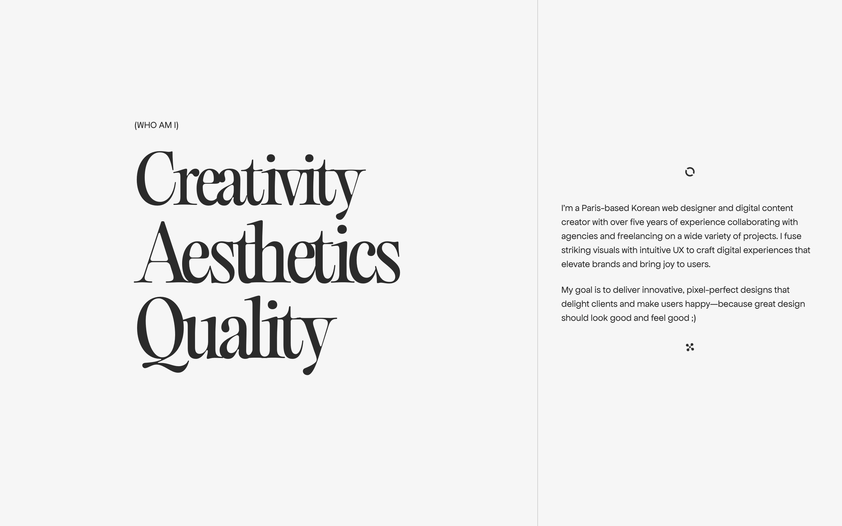 A serene editorial about section pairing dramatic high-contrast serif display typography with disciplined minimalist bio copy.