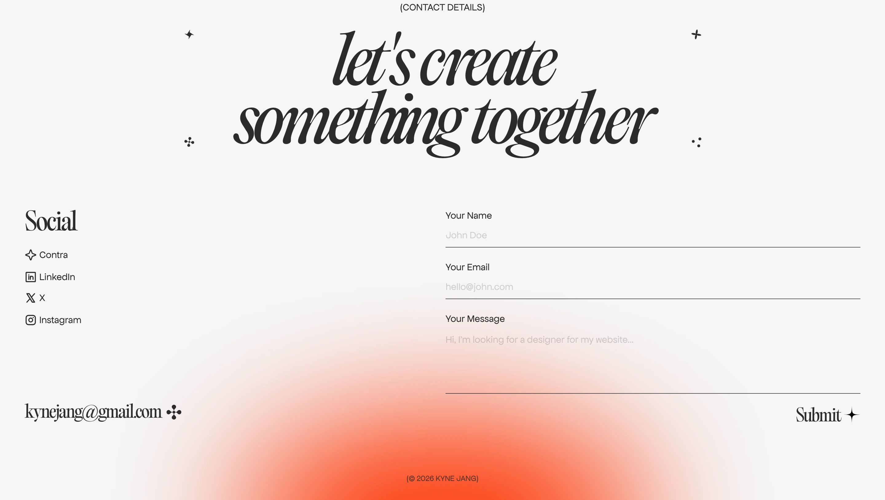 An airy editorial contact footer bathed in a warm ambient gradient blur, combining flowing italic display type with minimal line-based inputs.