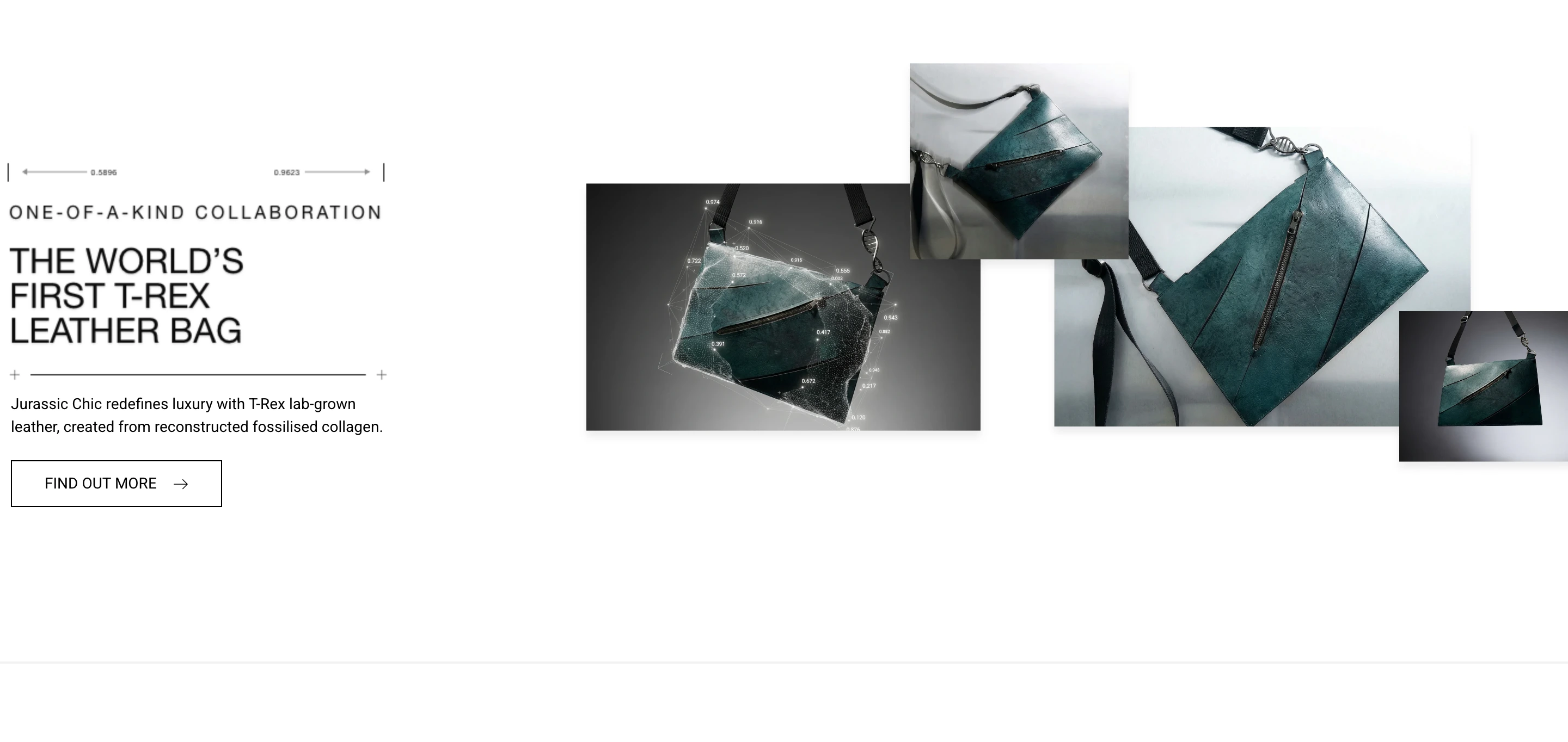 Stark clinical showcase pairing sparse technical typography with floating, multi-angled imagery of a bioengineered luxury bag.