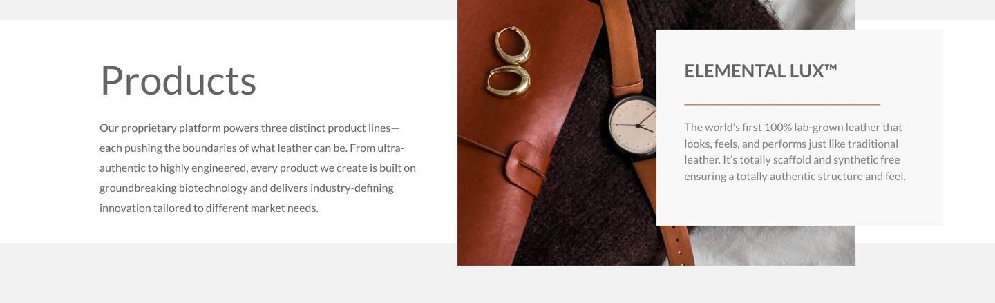 An earthy biotech product feature pairing warm leather photography with a clean overlaid card.