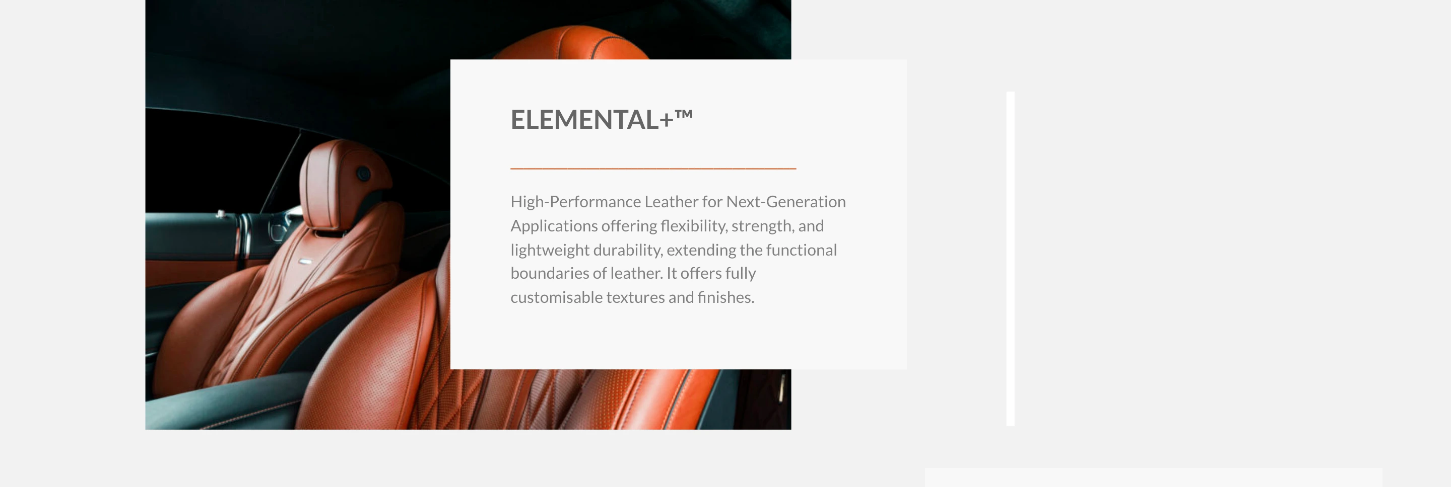 A restrained automotive material showcase combining rich studio leather photography with an overlapping editorial text card.