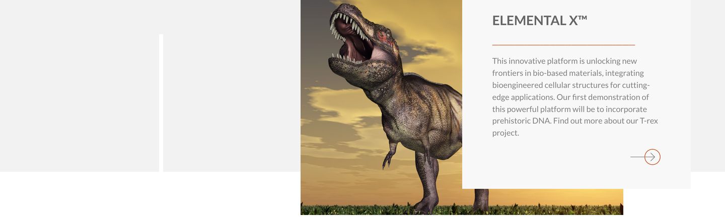 A sterile corporate text card overlaps an unexpected 3D dinosaur render, blending biotech presentation with speculative science.