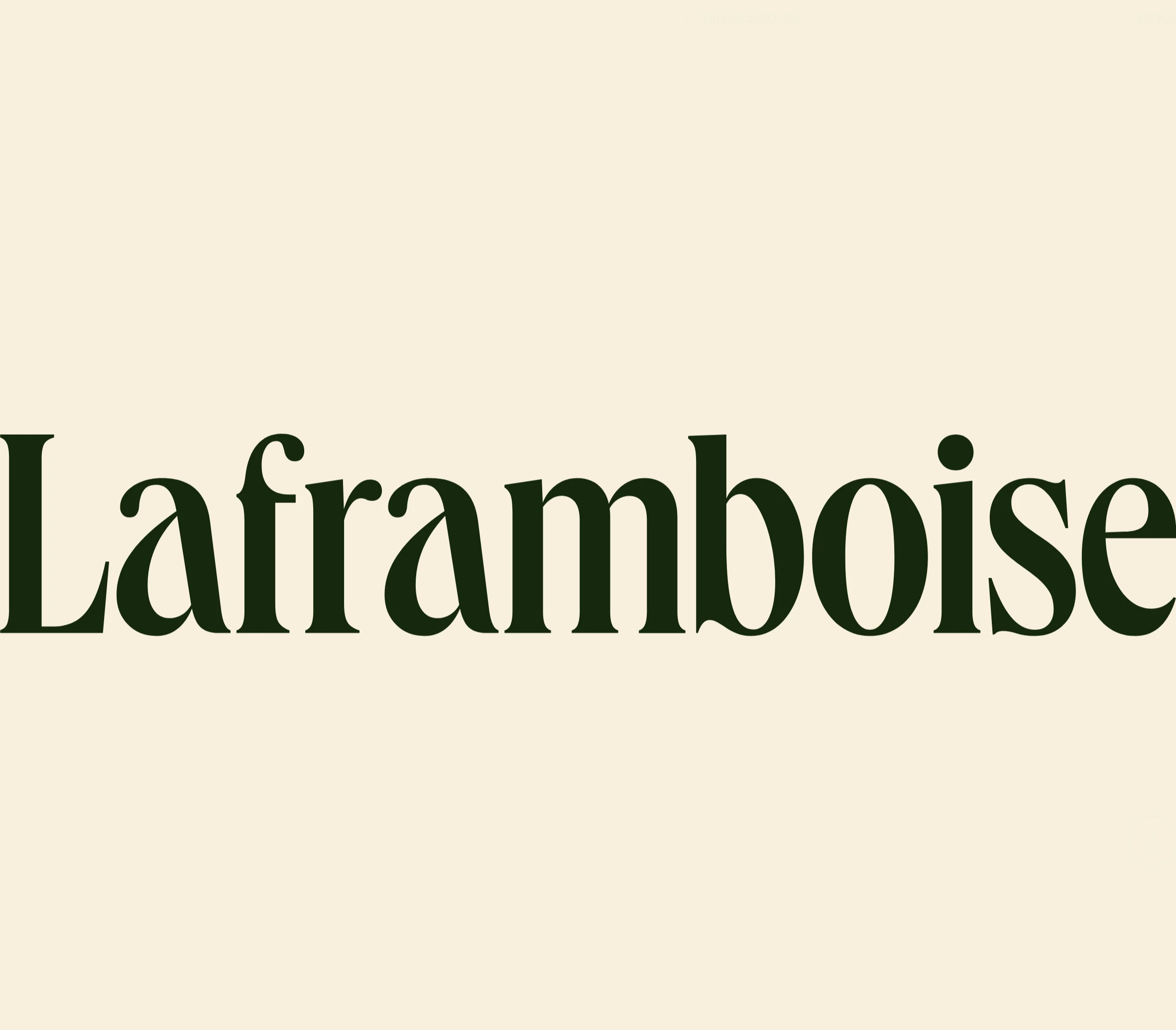 An oversized high-contrast serif wordmark commands the frame with quiet, luxurious elegance on a warm cream canvas.
