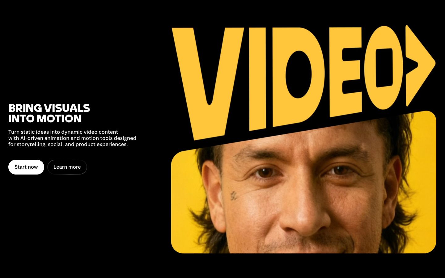 High-contrast energetic feature block pairing punchy yellow graphic typography with an angled video preview frame against deep black.