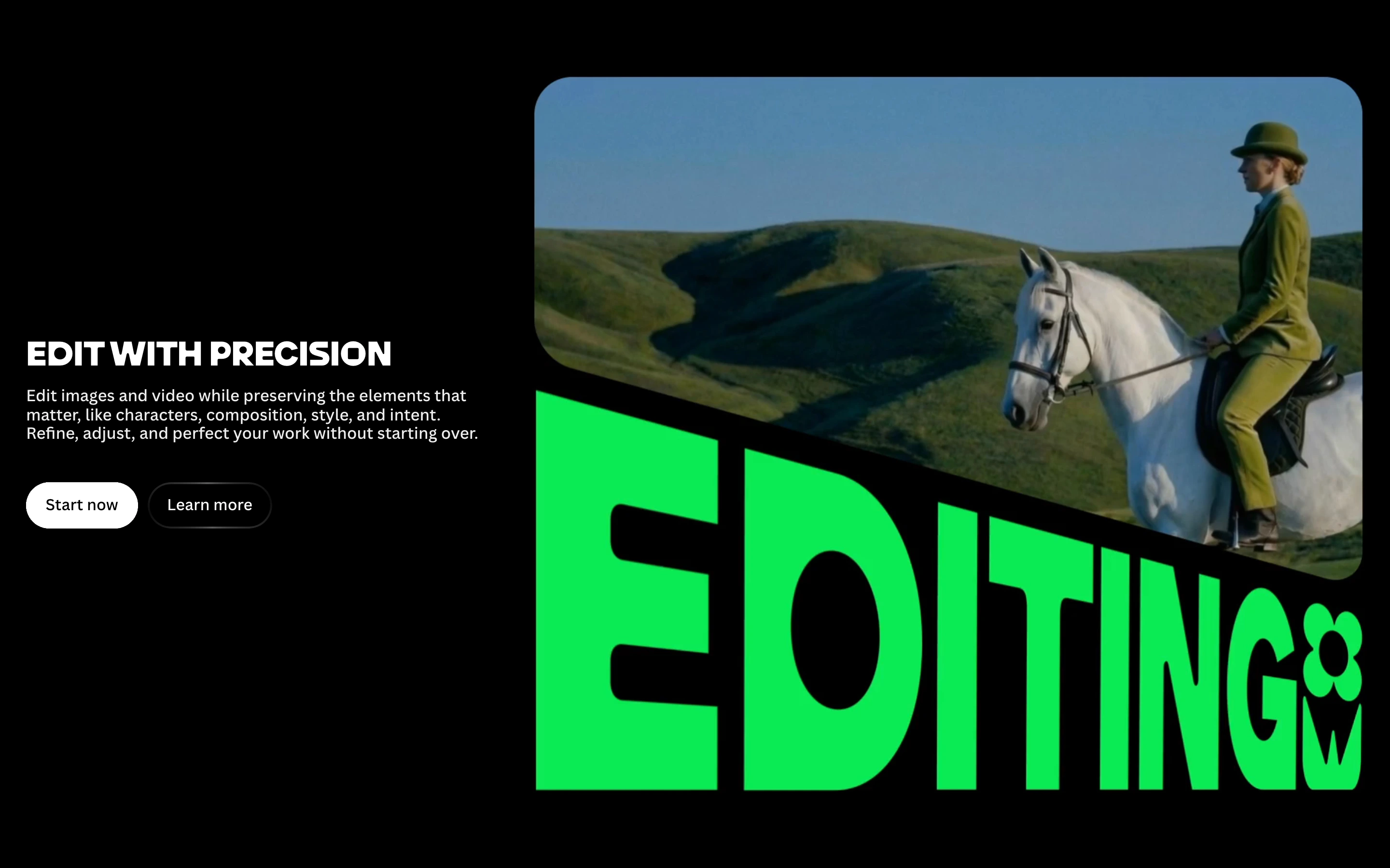 Bold, punchy feature section pairing cinematic footage with an oversized diagonal typography cutout in electric green on black.