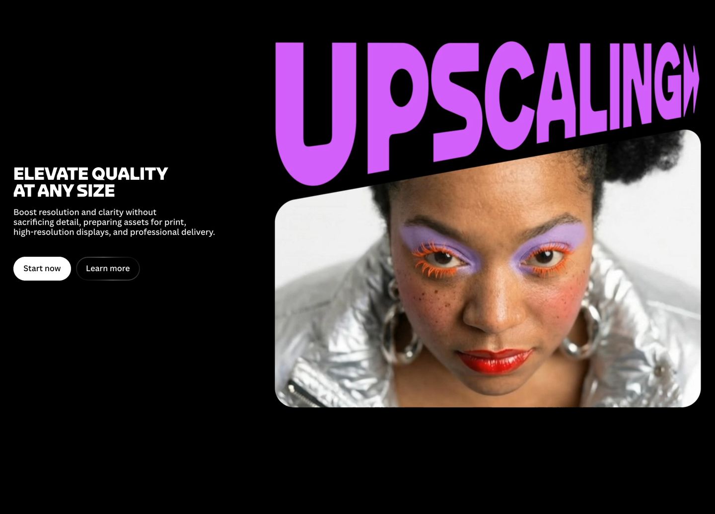 Vibrant high-contrast feature section framing bold purple display typography over a dynamic angled photo card on deep black.